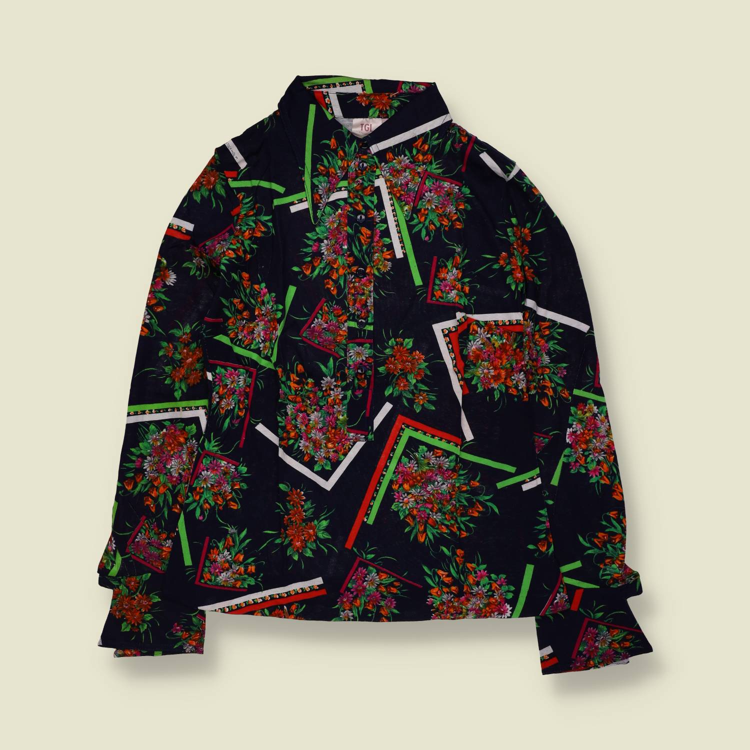 1970s | TGL Sweden | Navy Floral & Geometric Print Cotton Blouse - Deadstock - 10