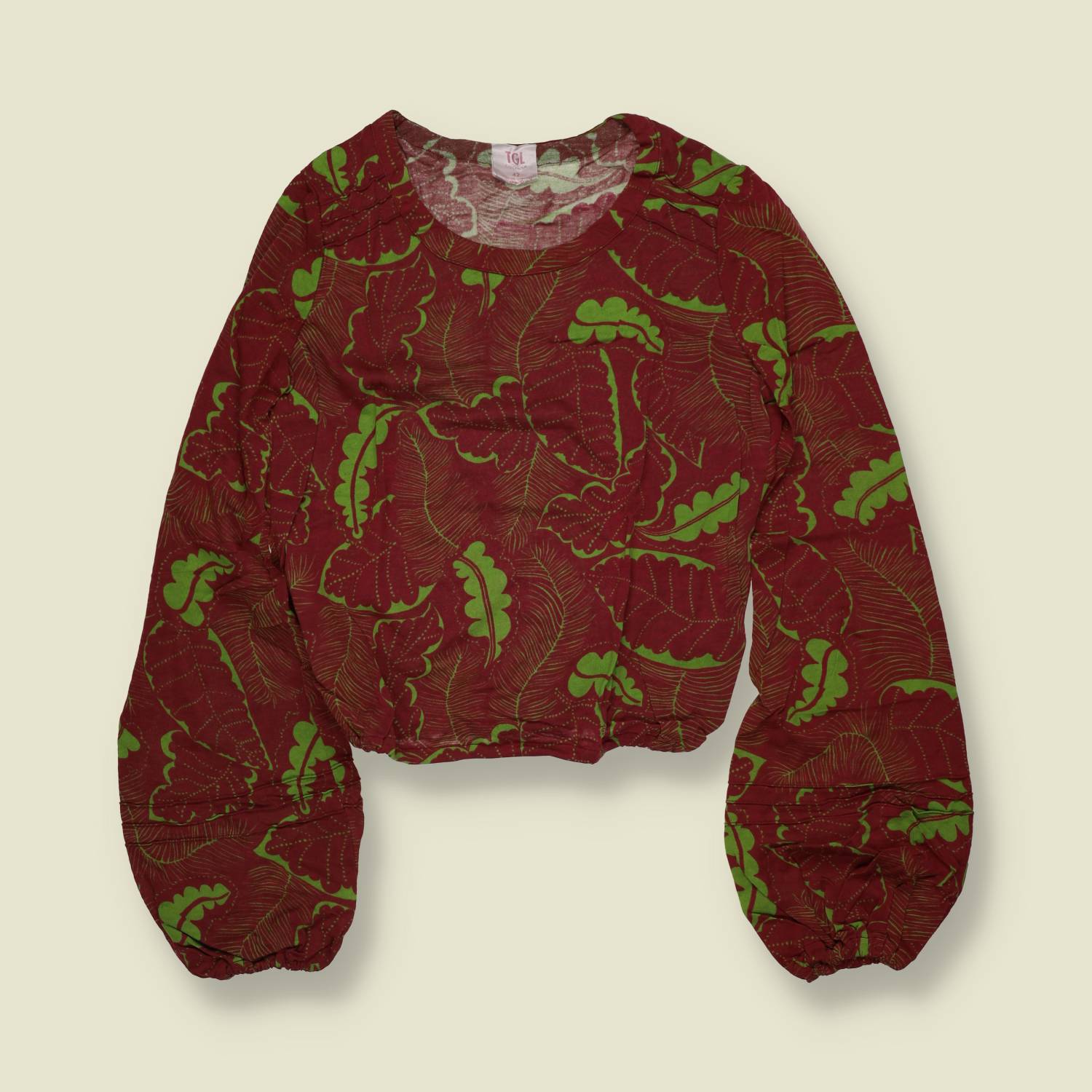 1970s | TGL Sweden | Burgundy & Green Tropical Leaf Print Cotton Blend Cropped Blouse - 10