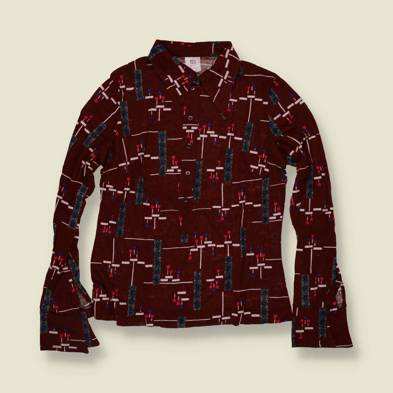 1970s | TGL | Burgundy Abstract Print Deadstock Blouse - 12
