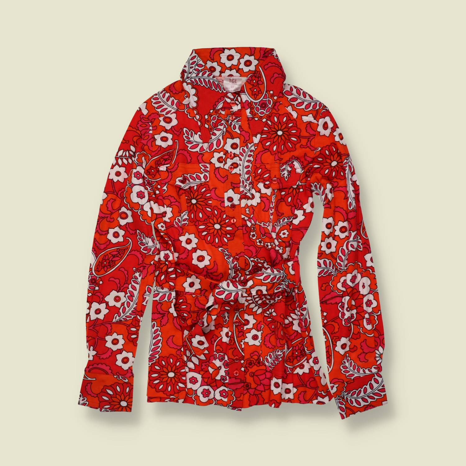 1970s | TGL | Red Floral and Paisley Print Deadstock Blouse - 12