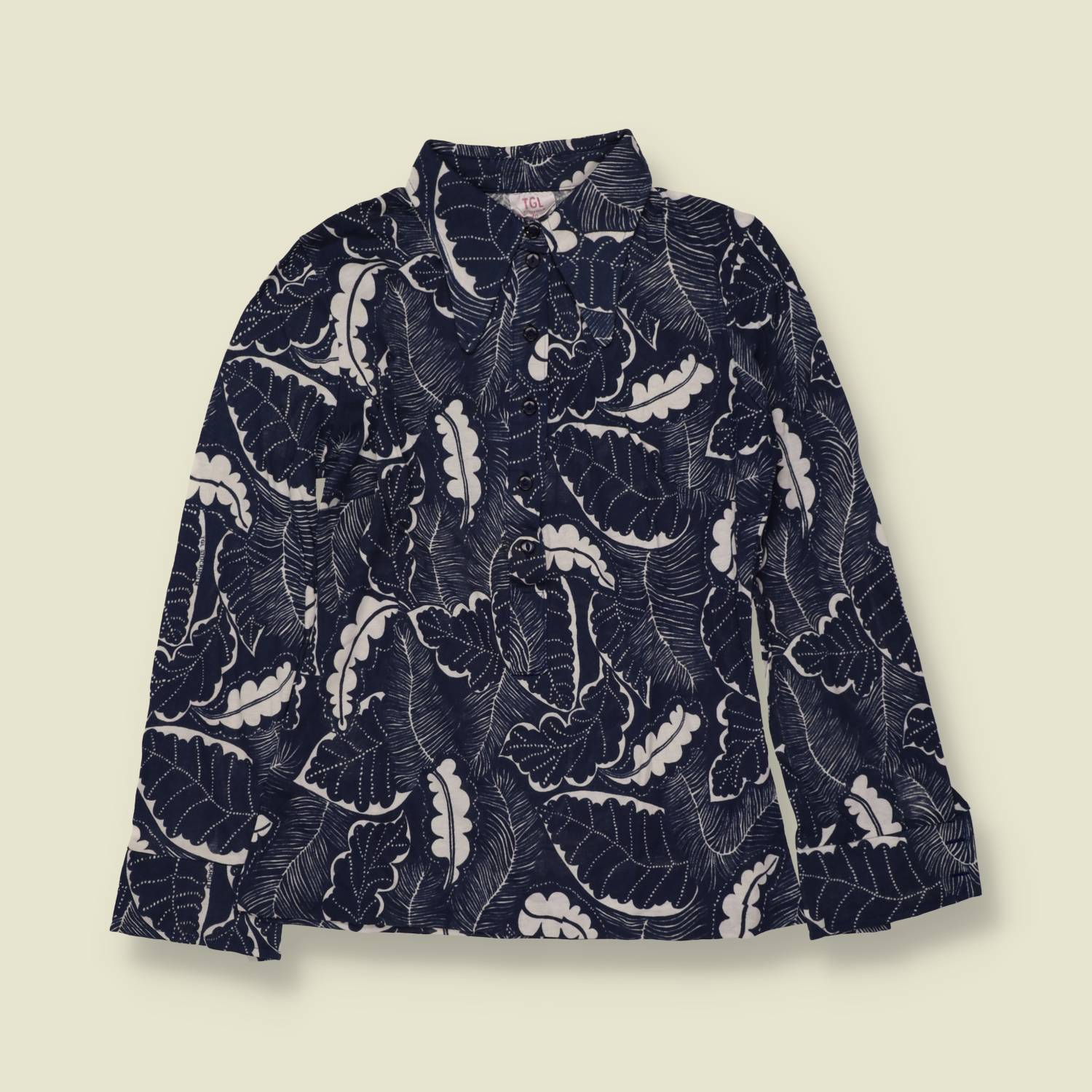 1970s | TGL | Navy Tropical Leaf Print Deadstock Blouse - 8