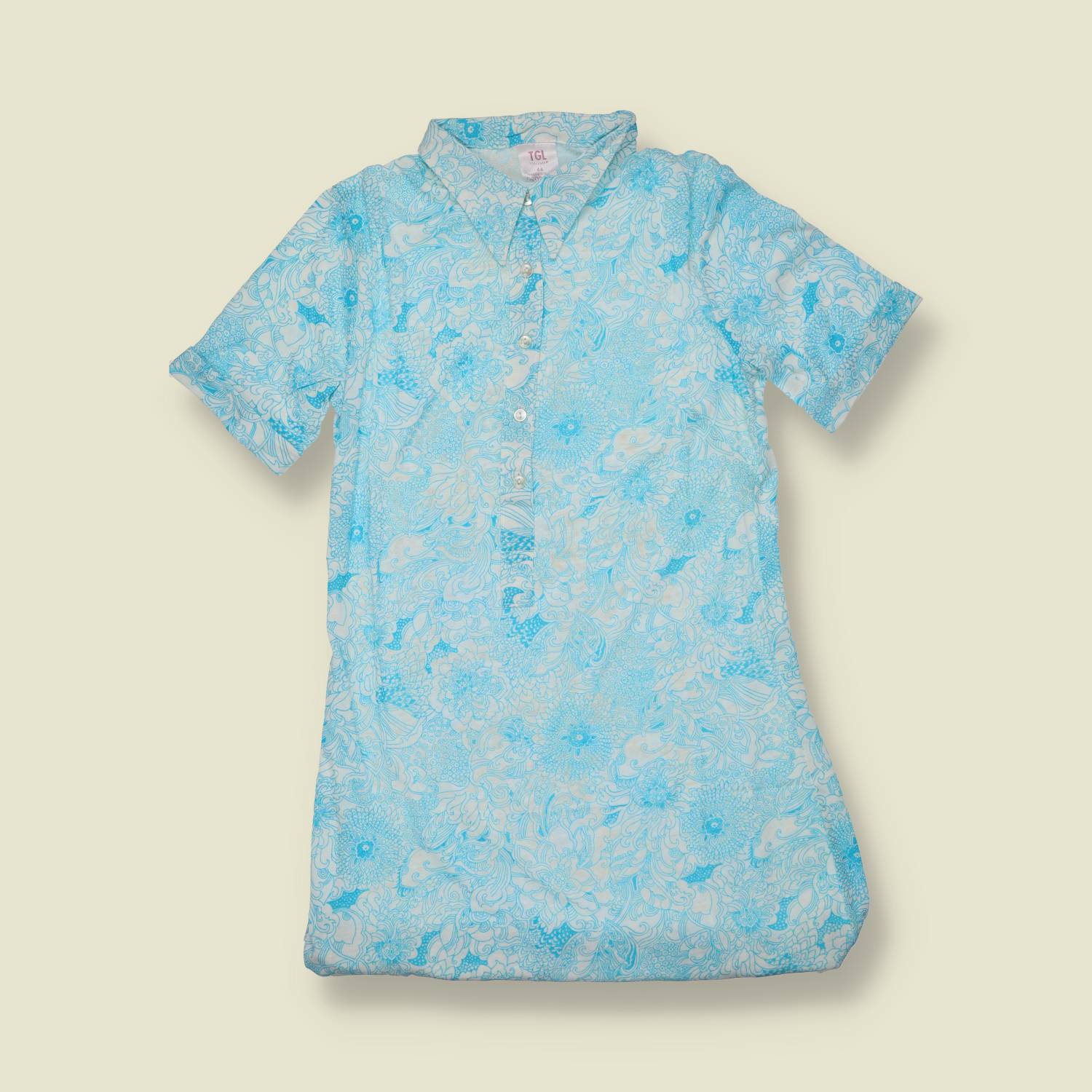 1970s | TGL Sweden | Blue Botanical & Fish Print Vincel & Cotton Shirt Dress - Deadstock - 10