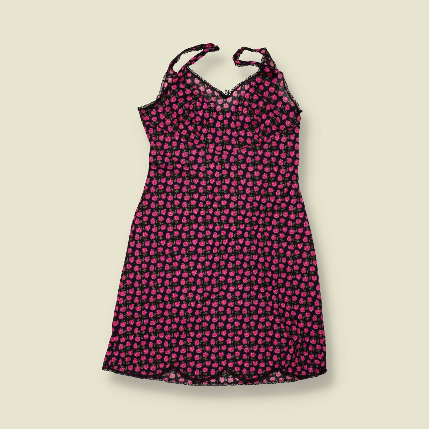 1970s | Black & Pink Rose Print Rayon Blend Slip Dress - 4