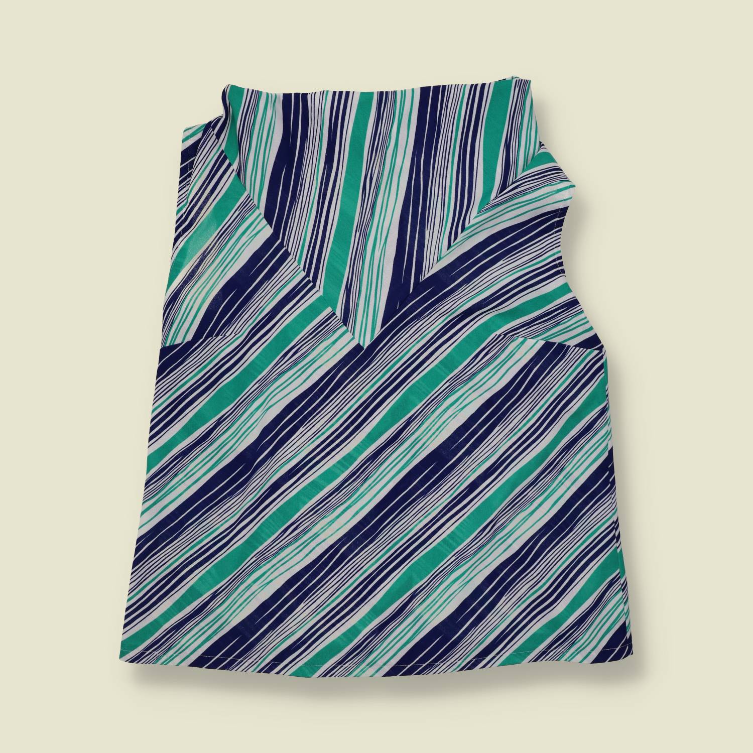 1970s | Navy & Green Diagonal Stripe Poly Blend Mini Dress - 14