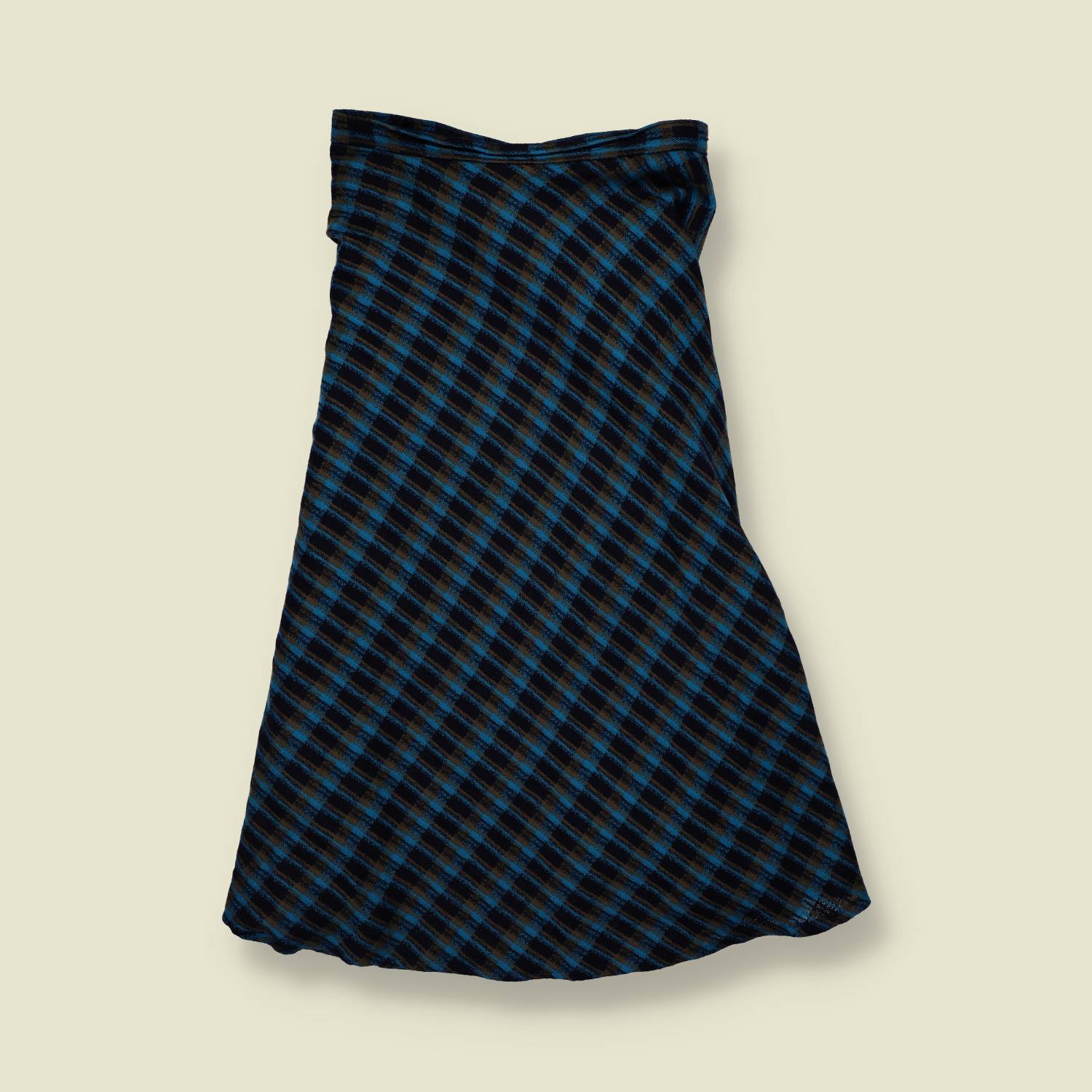 1970s | Blue & Black Plaid Wool Blend A-Line Midi Skirt - w28
