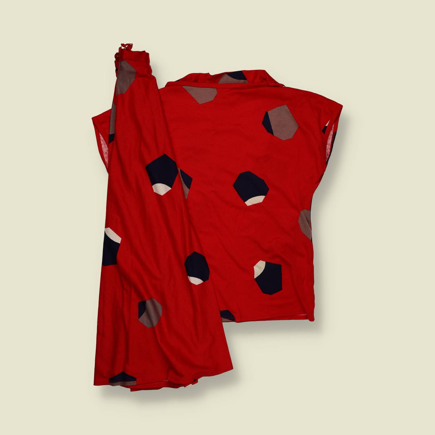 1970s | Red Geometric Print Cotton Blend Two-Piece Top & Skirt Set - 12