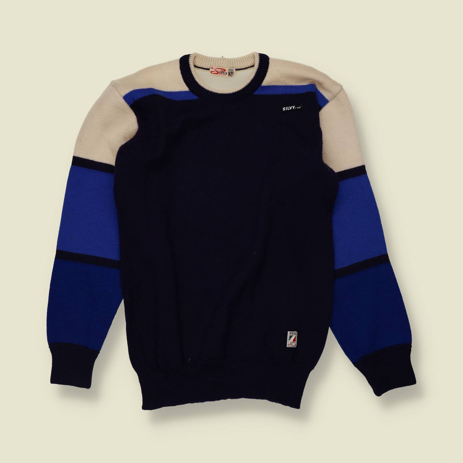 1970s | Silvy | Navy, Blue & Cream Colour Block Wool Sports Sweater - 8
