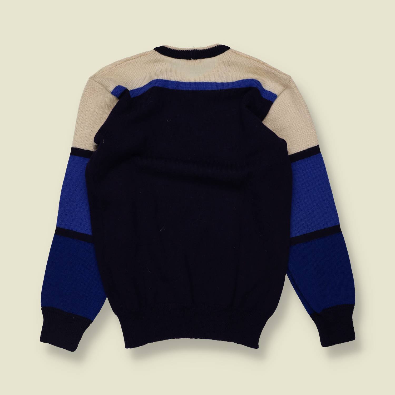 1970s | Silvy | Navy, Blue & Cream Colour Block Wool Sports Sweater - 8
