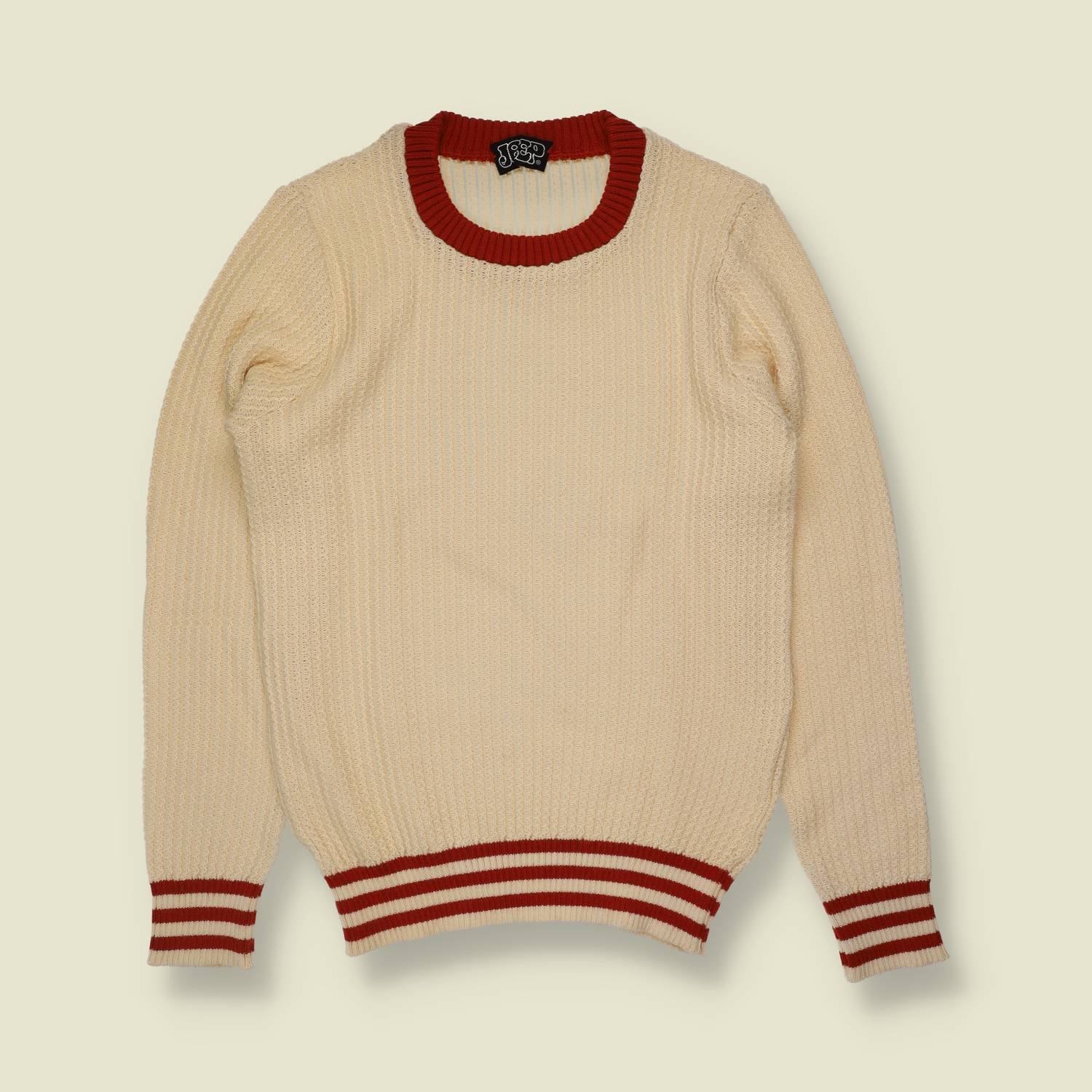 1970s | Jeep | Cream & Red Tipped Wool Blend Sports Sweater - 10