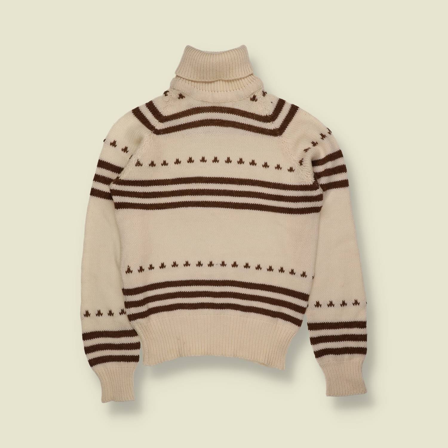 1970s | Cream & Brown Stripe and Motif Roll Neck Jumper - 8