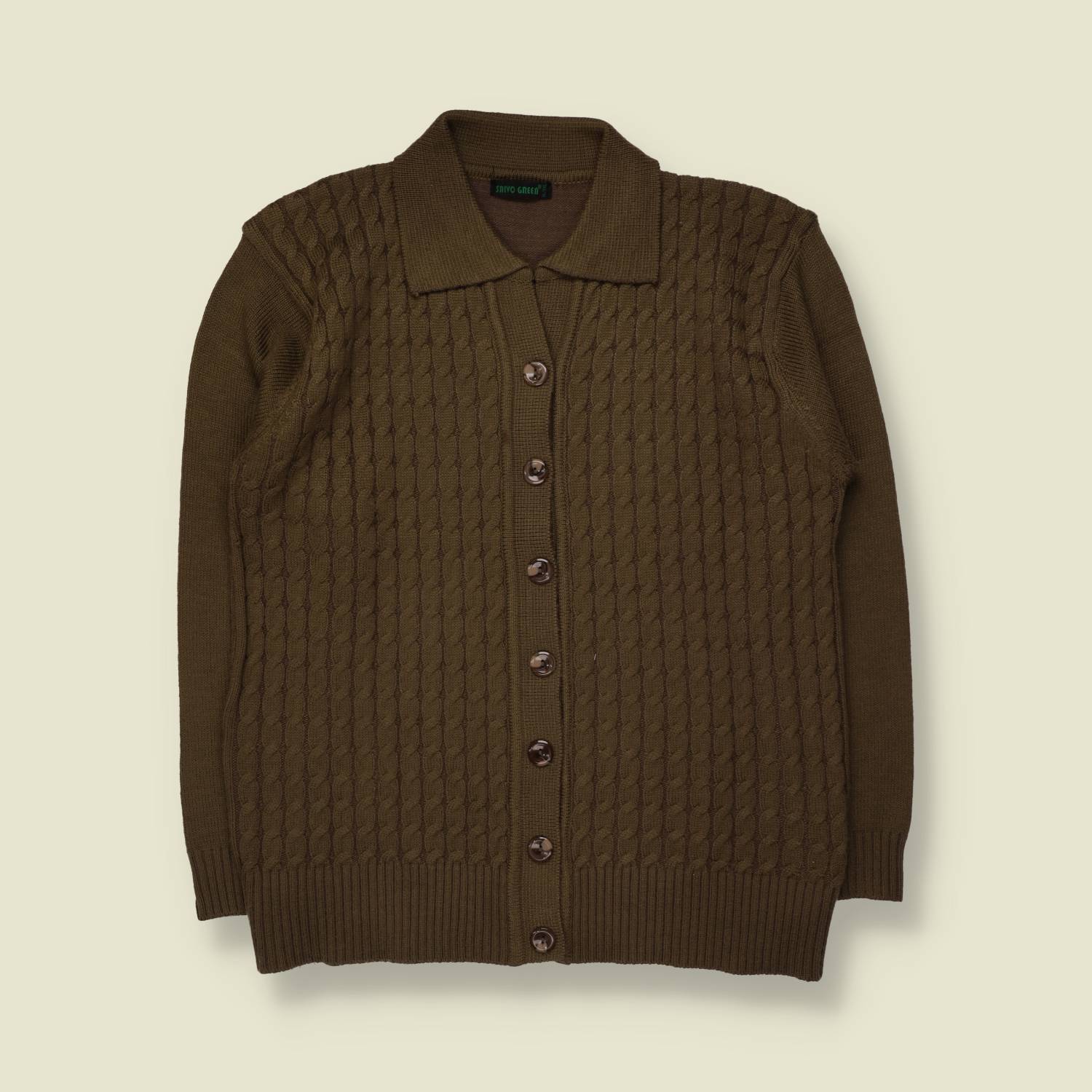 1970s | Saiyo Green | Cable Knit Cardigan | Khaki - 14