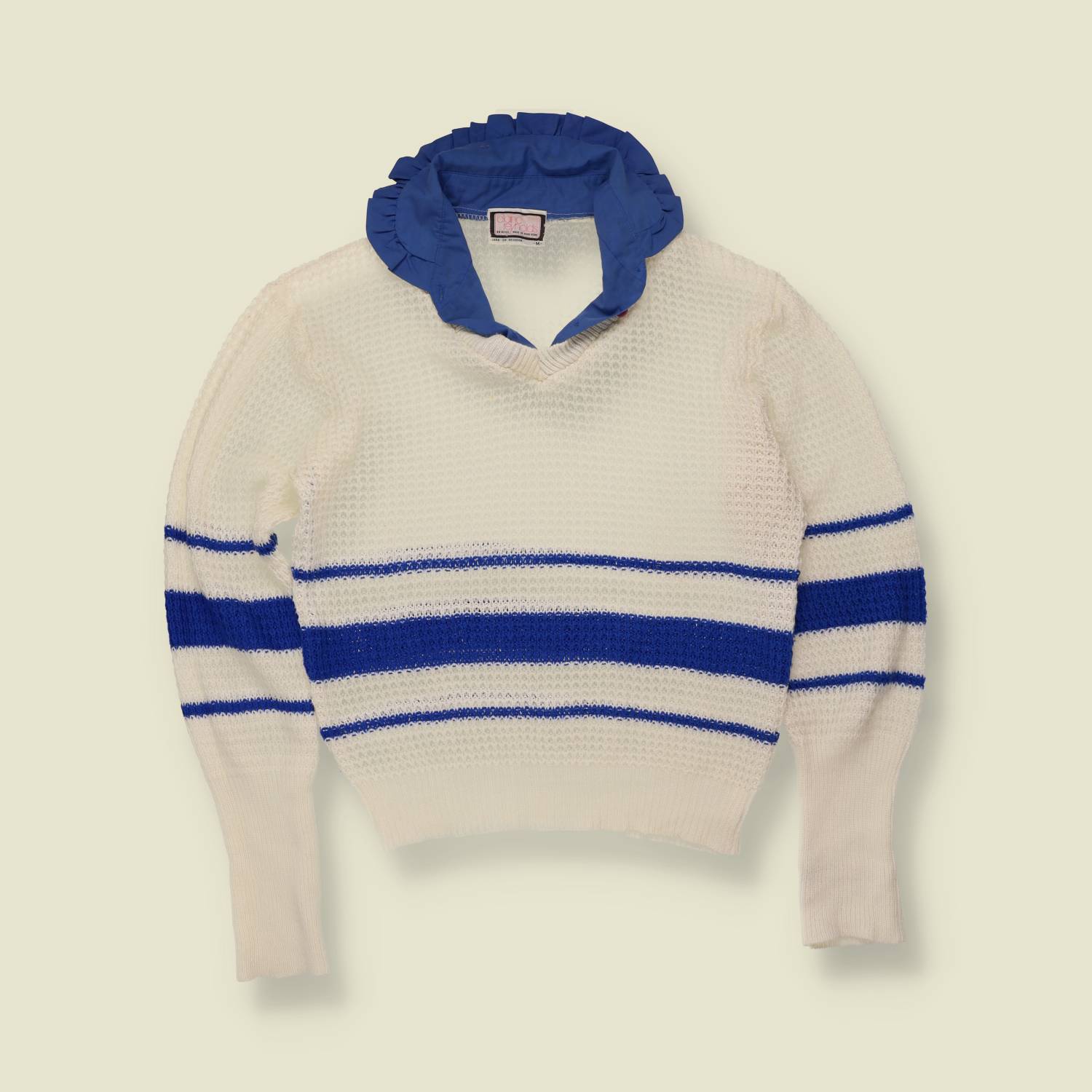 1970s | Diane Reynolds | Striped Knit Top with Mock Collar | Ivory & Blue - 10