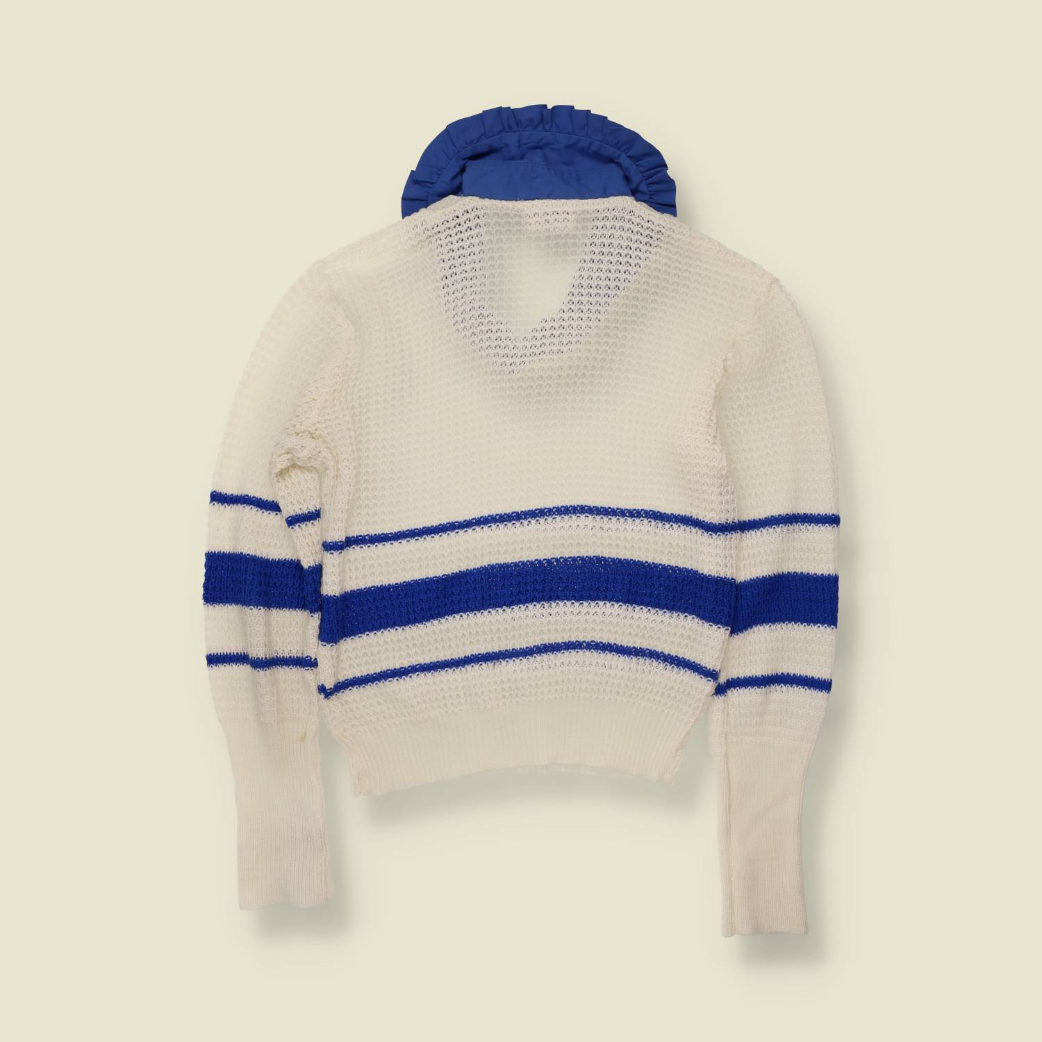 1970s | Diane Reynolds | Striped Knit Top with Mock Collar | Ivory & Blue - 10