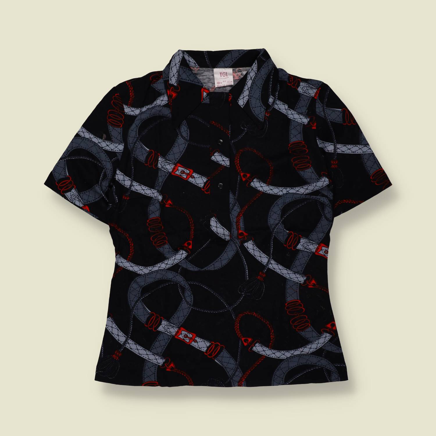1970s | TGL | Deadstock Equestrian Print Blouse | Black - 10