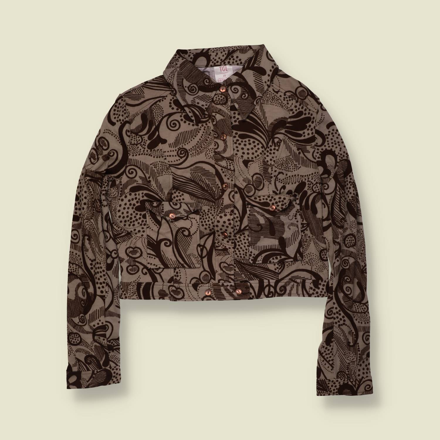 1970s | TGL | Deadstock Psychedelic Print Cropped Blouse | Grey & Brown - 12