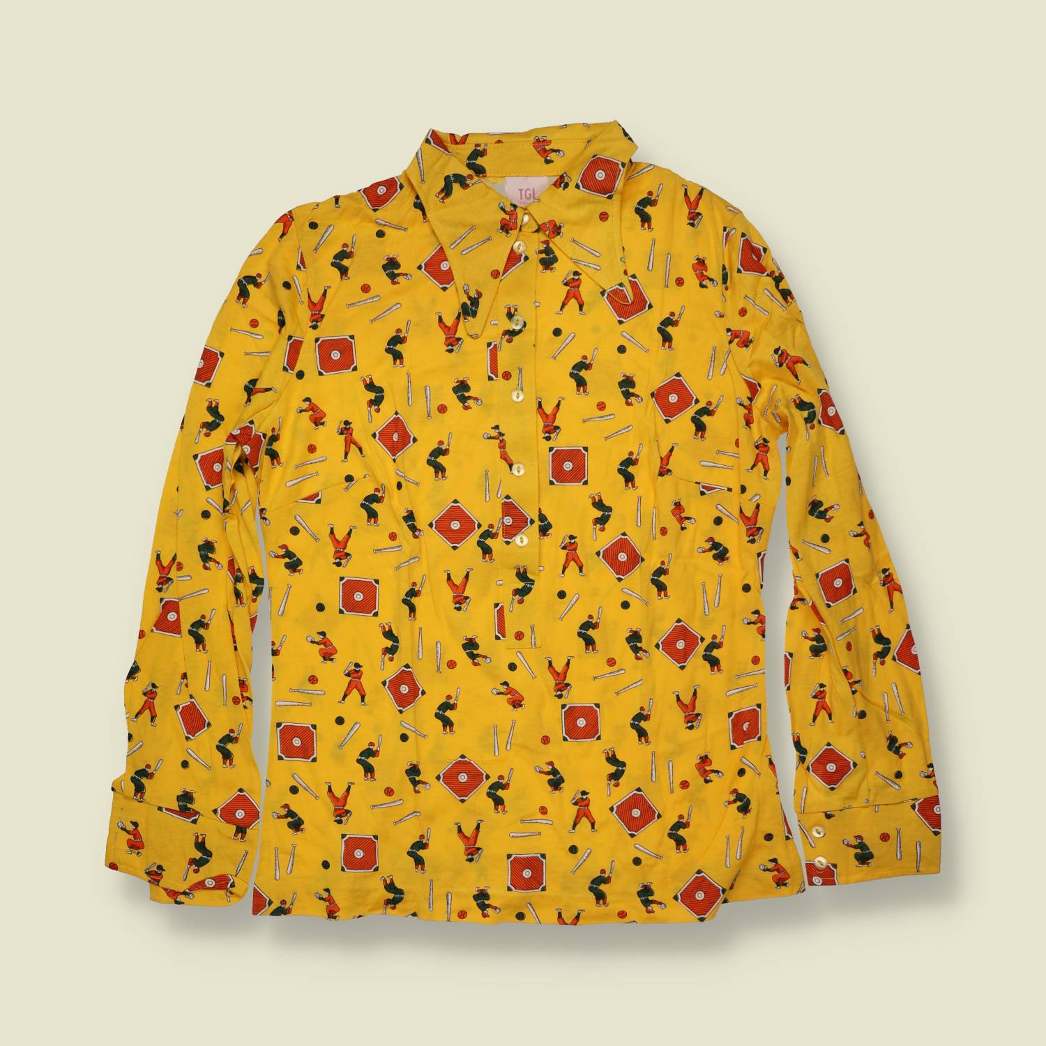 1970s | TGL | Deadstock Novelty Baseball Print Blouse | Yellow - 10