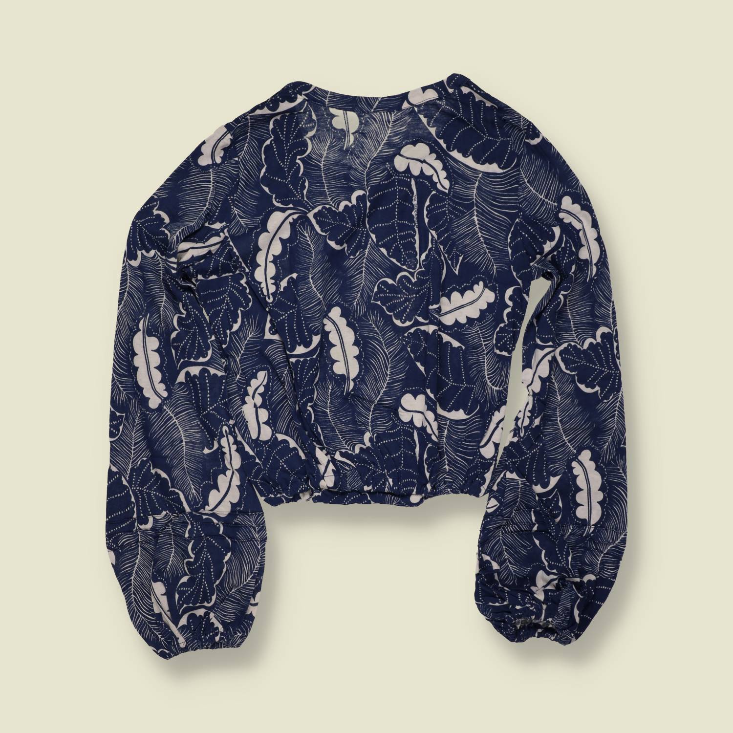 1970s | Deadstock Leaf Print Blouse | Navy - 10