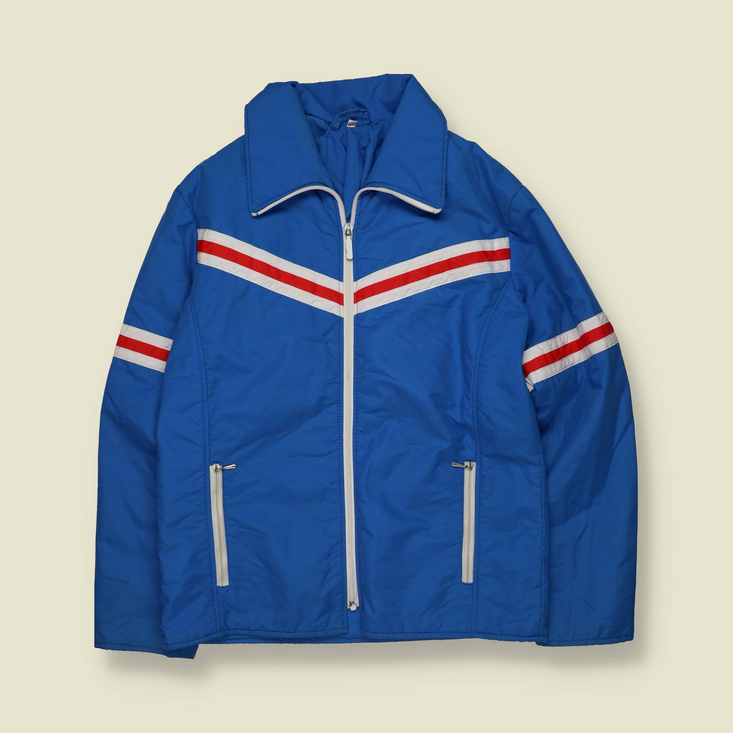 1970s | European Skiwear | Padded Ski Jacket | Blue with Red & White Racing Stripes – S