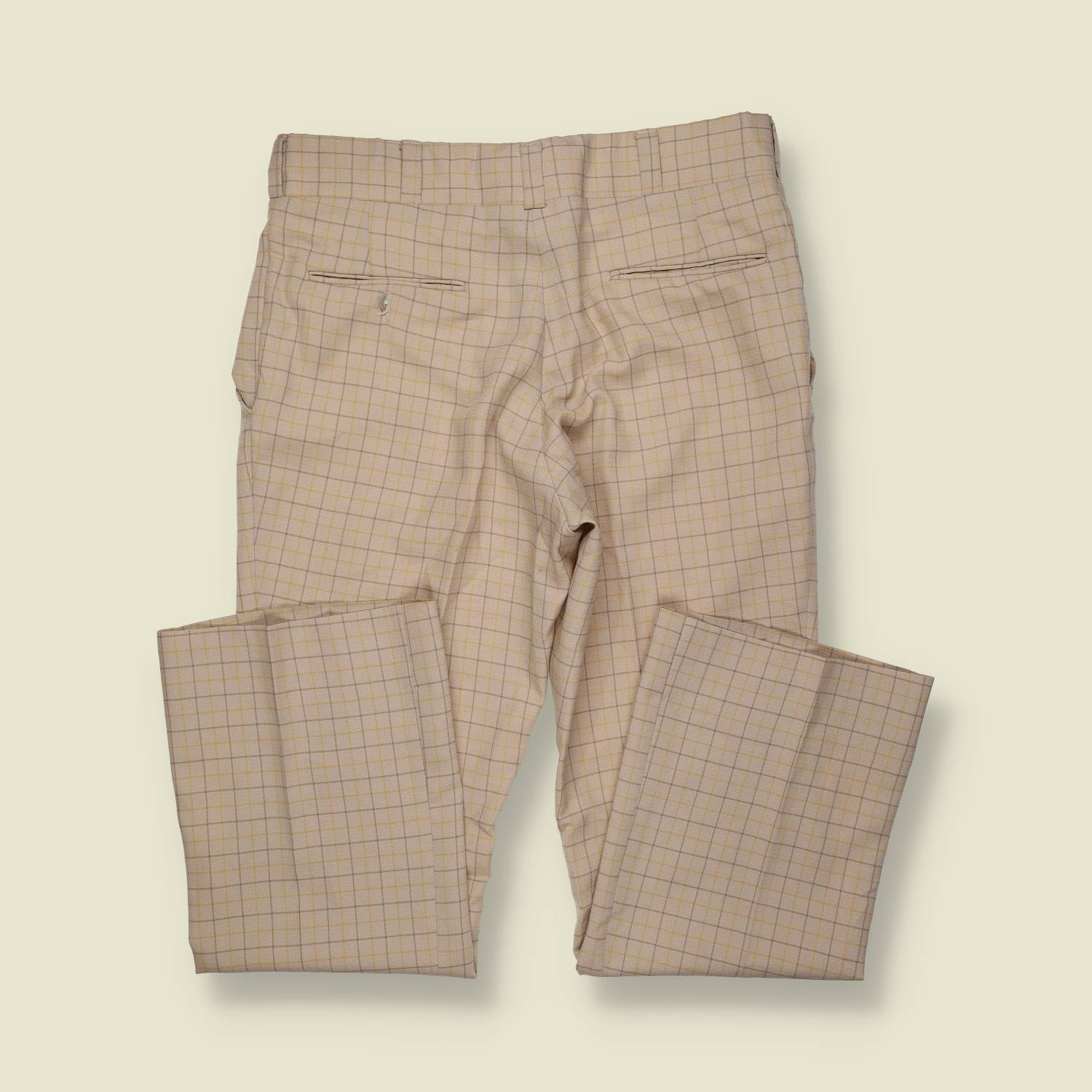 1970s | Check Trousers | Polyester | Cream / Tan Grid – w34