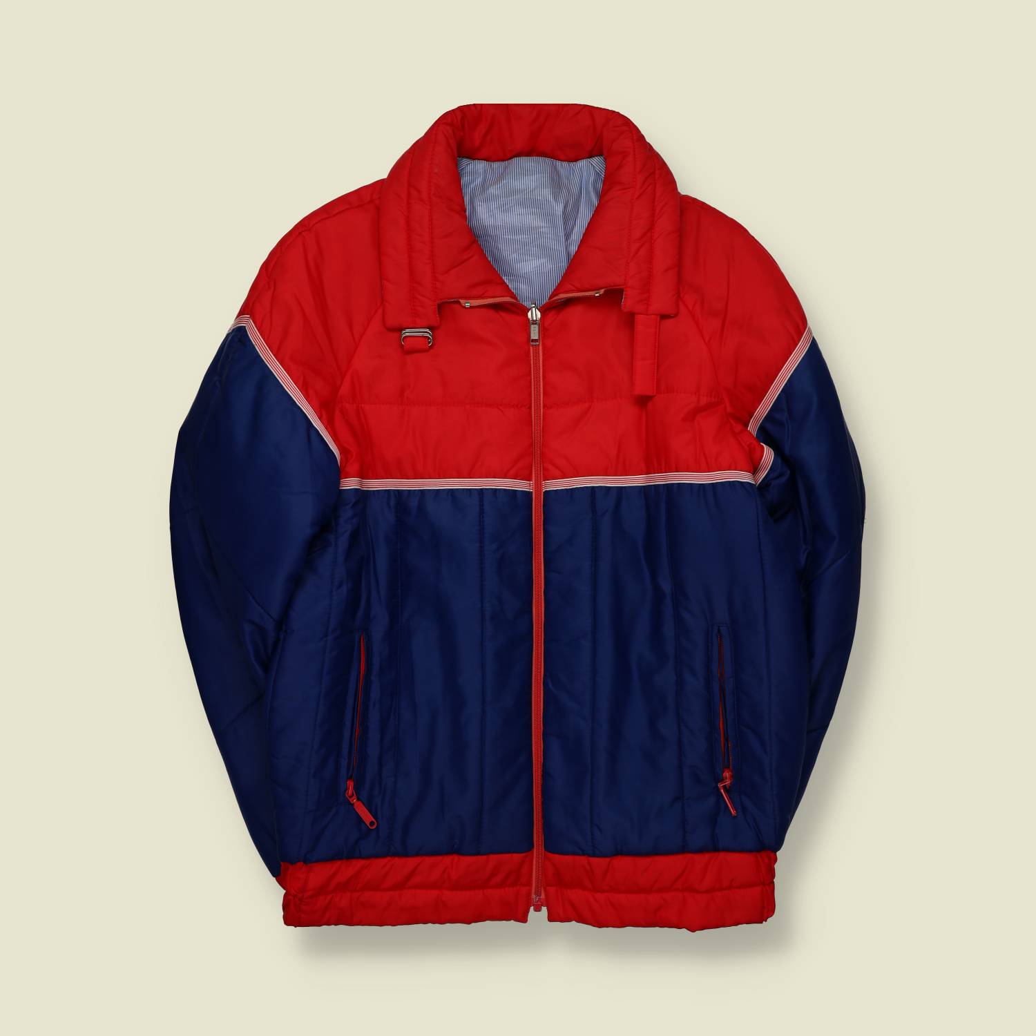 1970s | European Skiwear | Quilted Winter Jacket | Red & Navy Colour Block – L