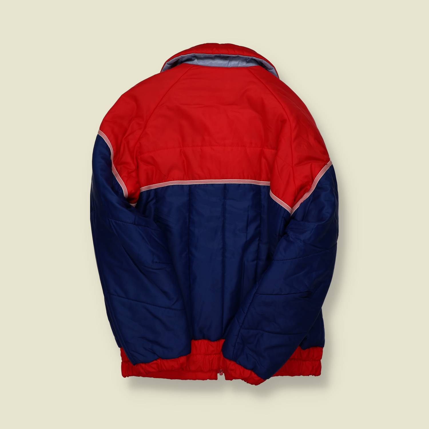 1970s | European Skiwear | Quilted Winter Jacket | Red & Navy Colour Block – L