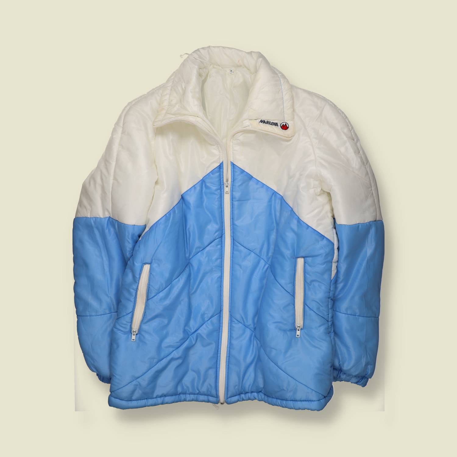 1970s | Marilena | Padded Ski Jacket | White & Sky Blue Colour Block – L