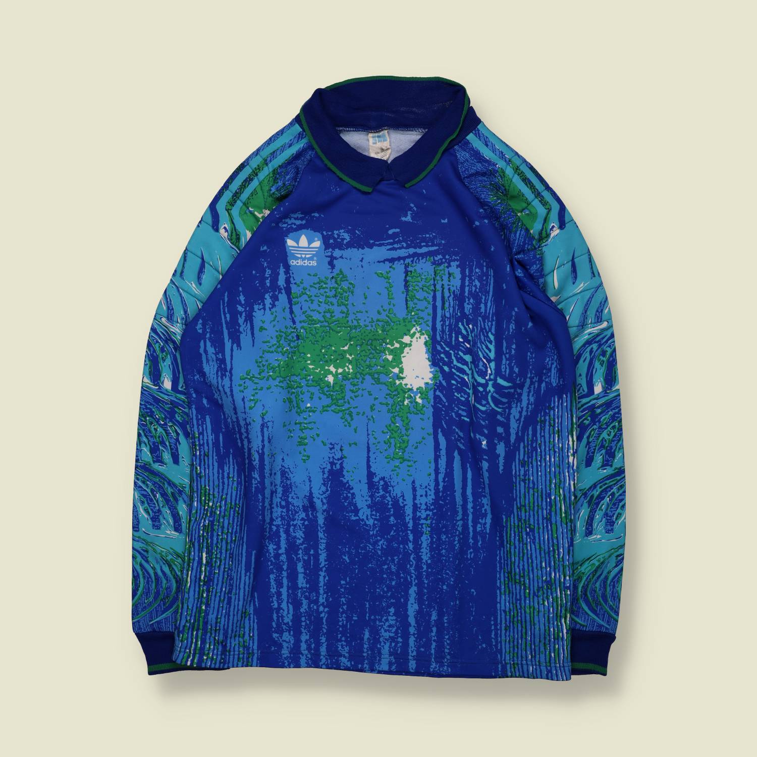 1990s | Adidas | Abstract Goalkeeper Top | Blue & Green Graphic – XXL