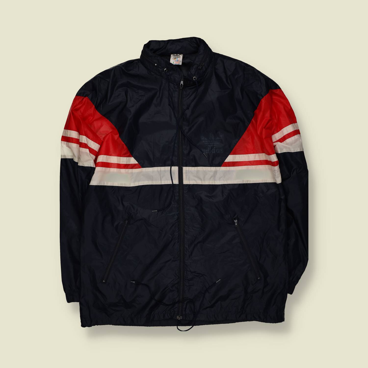 1980s | Adidas | Windbreaker| Black with Red & White Chevron – XL