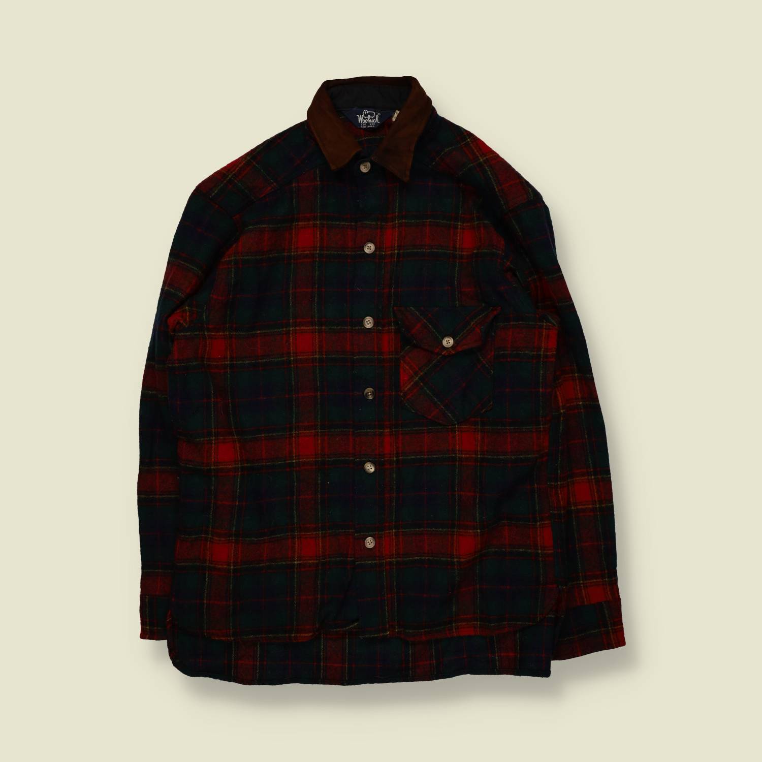 1970s-80s | Woolrich | Wool Flannel Shirt | Leather Collar & Elbow Patches | Plaid – M