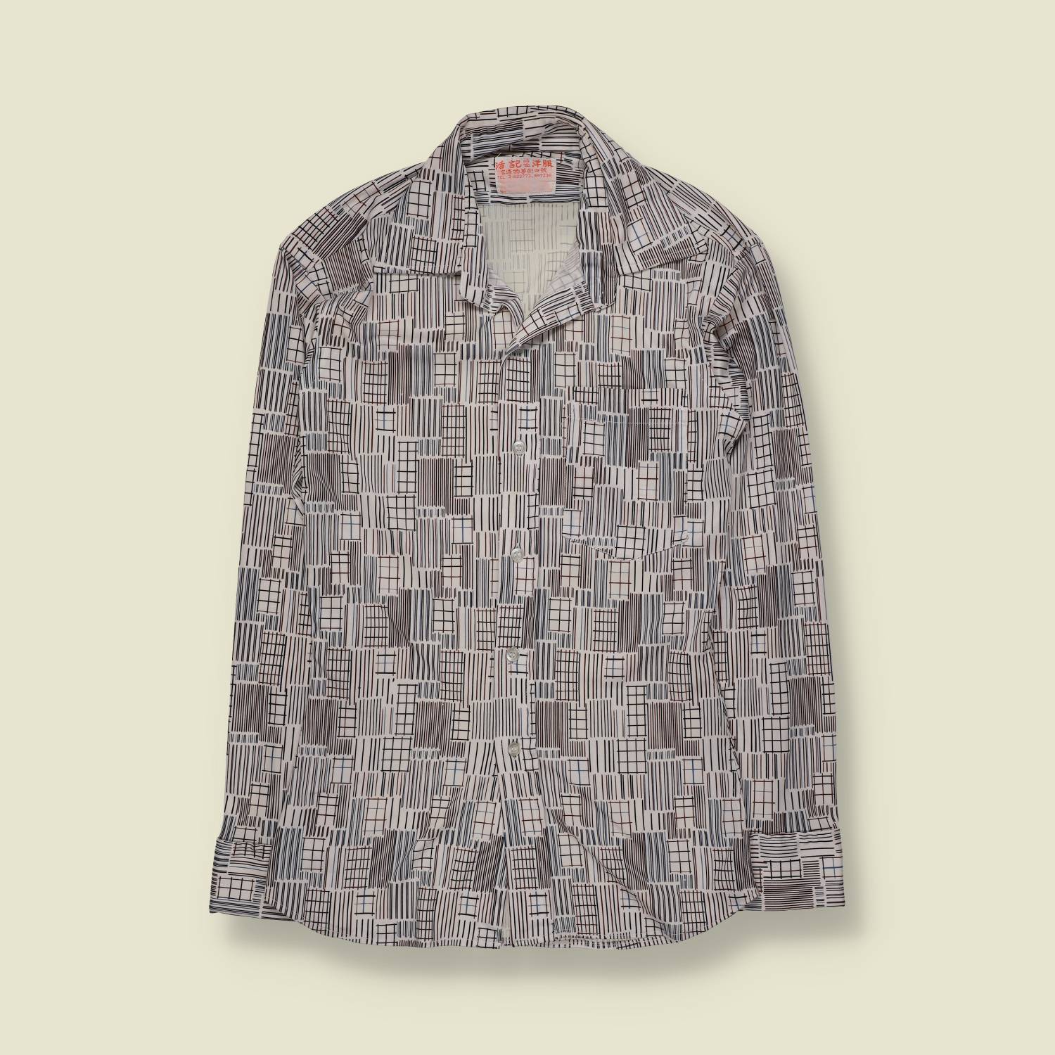 1970s | European Fashion | Patterned Polyester Shirt | Graphic Grid Print – XXS