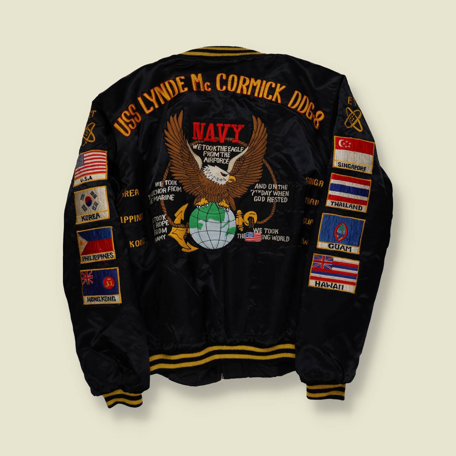 1980s | Souvenir Reproduction | USS Lynde McCormick DDG-8 | Satin Tour Jacket | Black – M