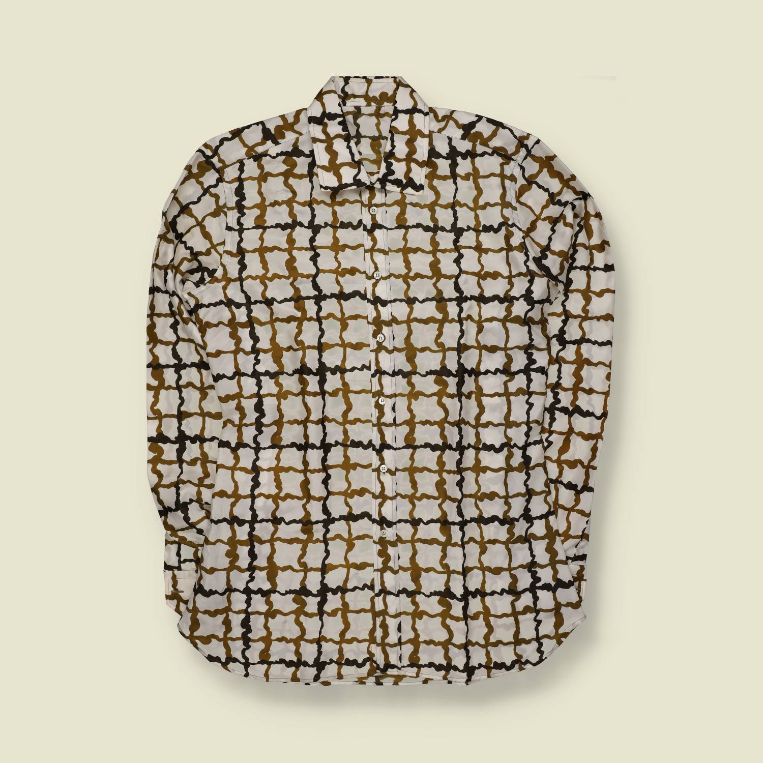 1970s | Unbranded | Polyester Print Shirt | Abstract Grid Pattern – M