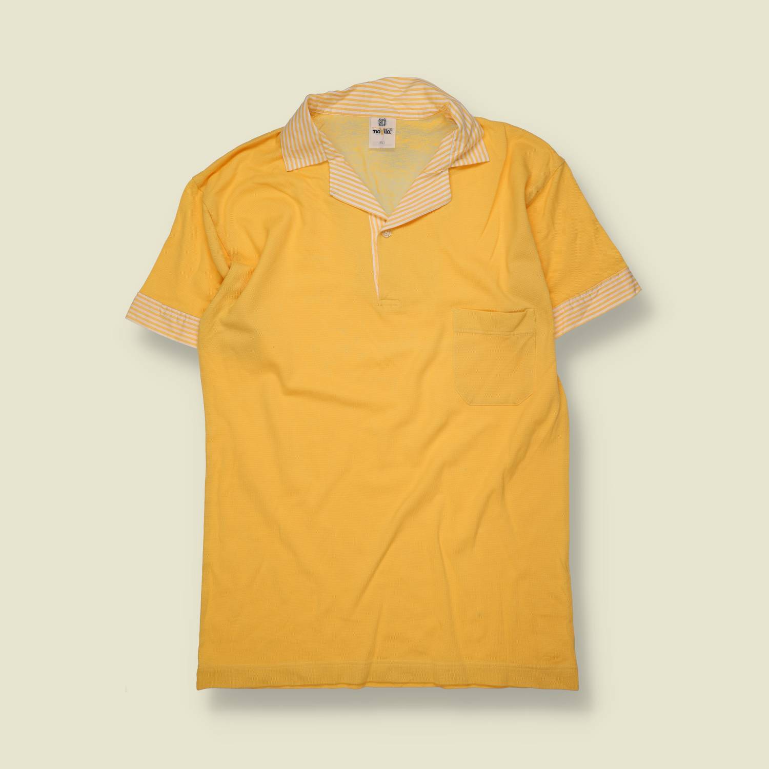1970s / Early 1980s | Unbranded | Cotton Polo Shirt | Yellow with Stripe Trim – S