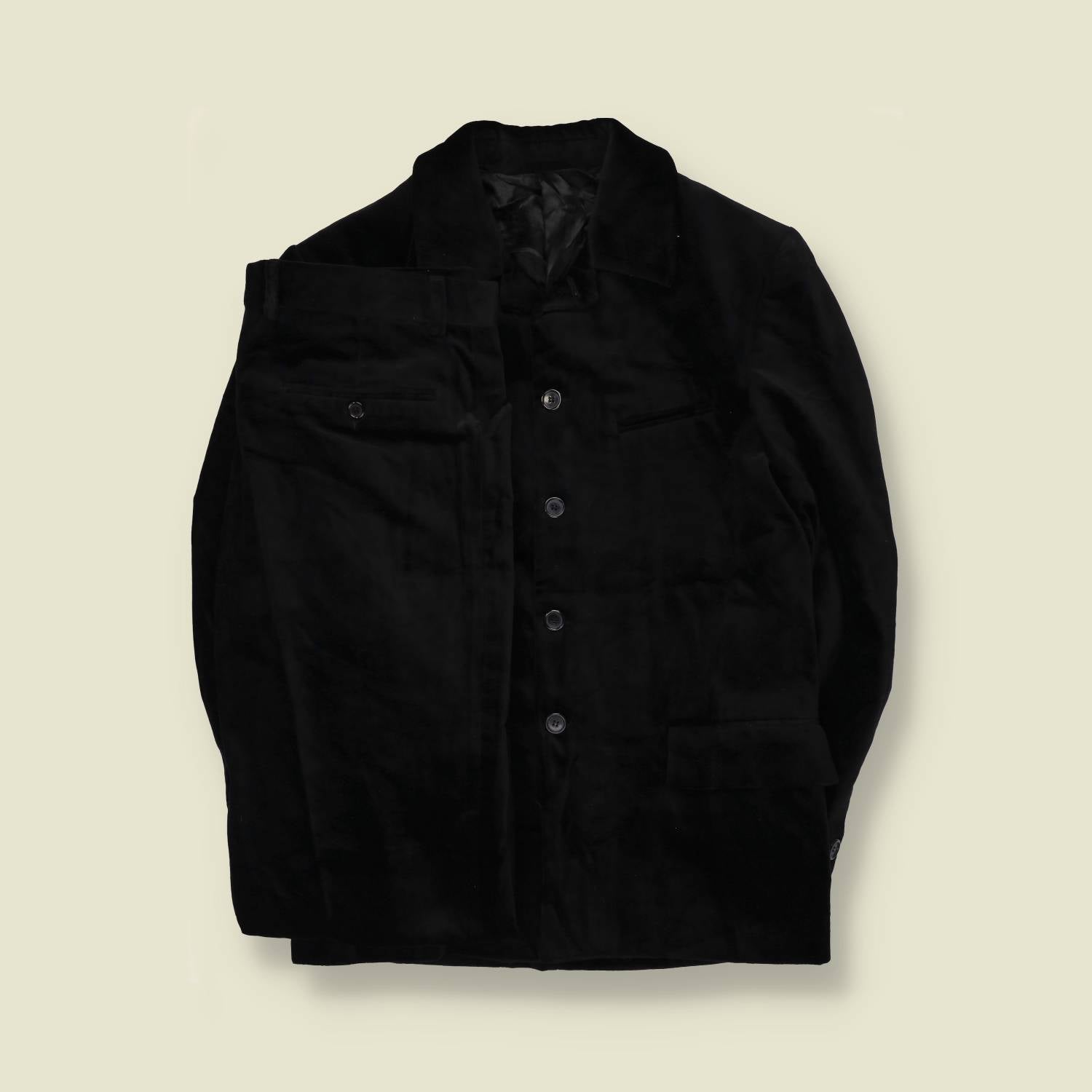 1990s | Four-Button Suit | Black Velvet - S