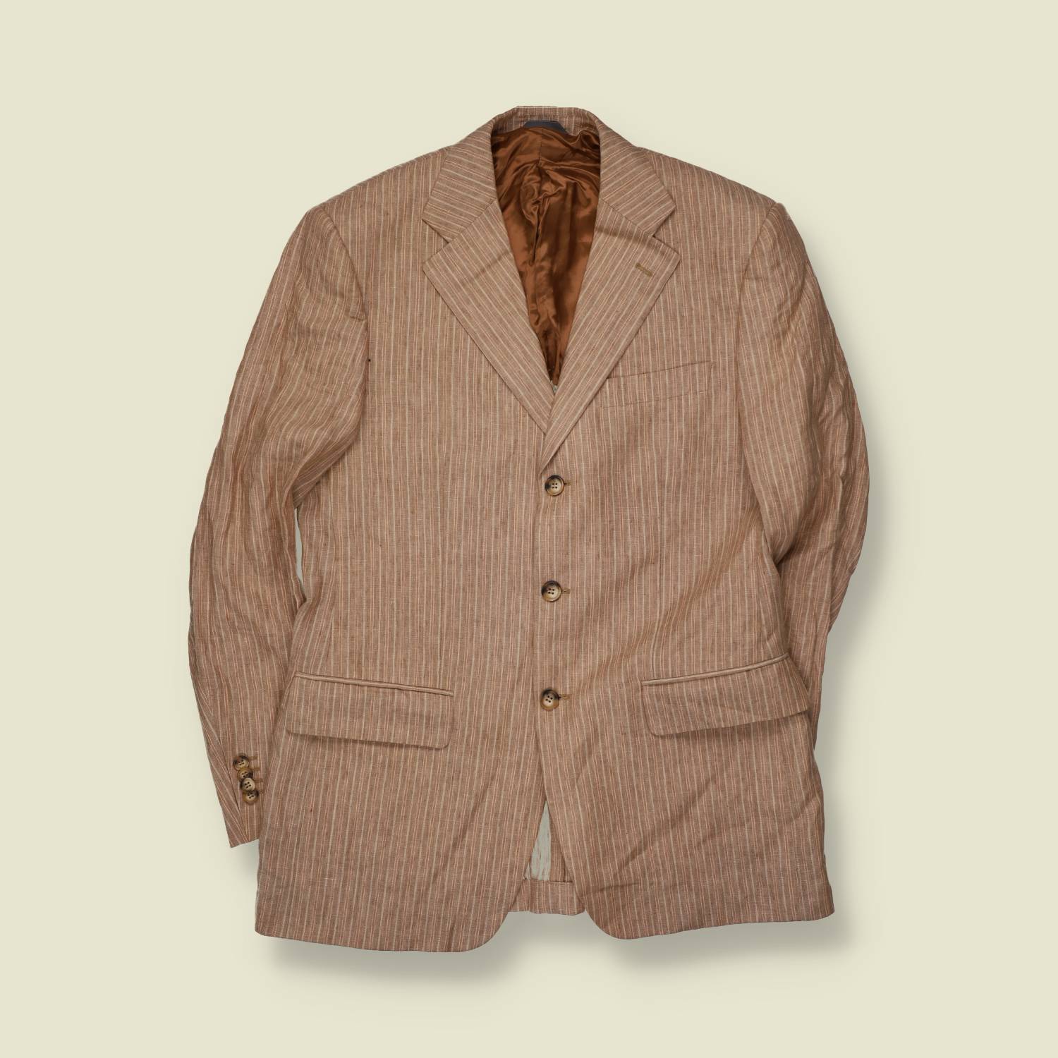 1990s | Three-Button Suit | Tan Pinstripe - S
