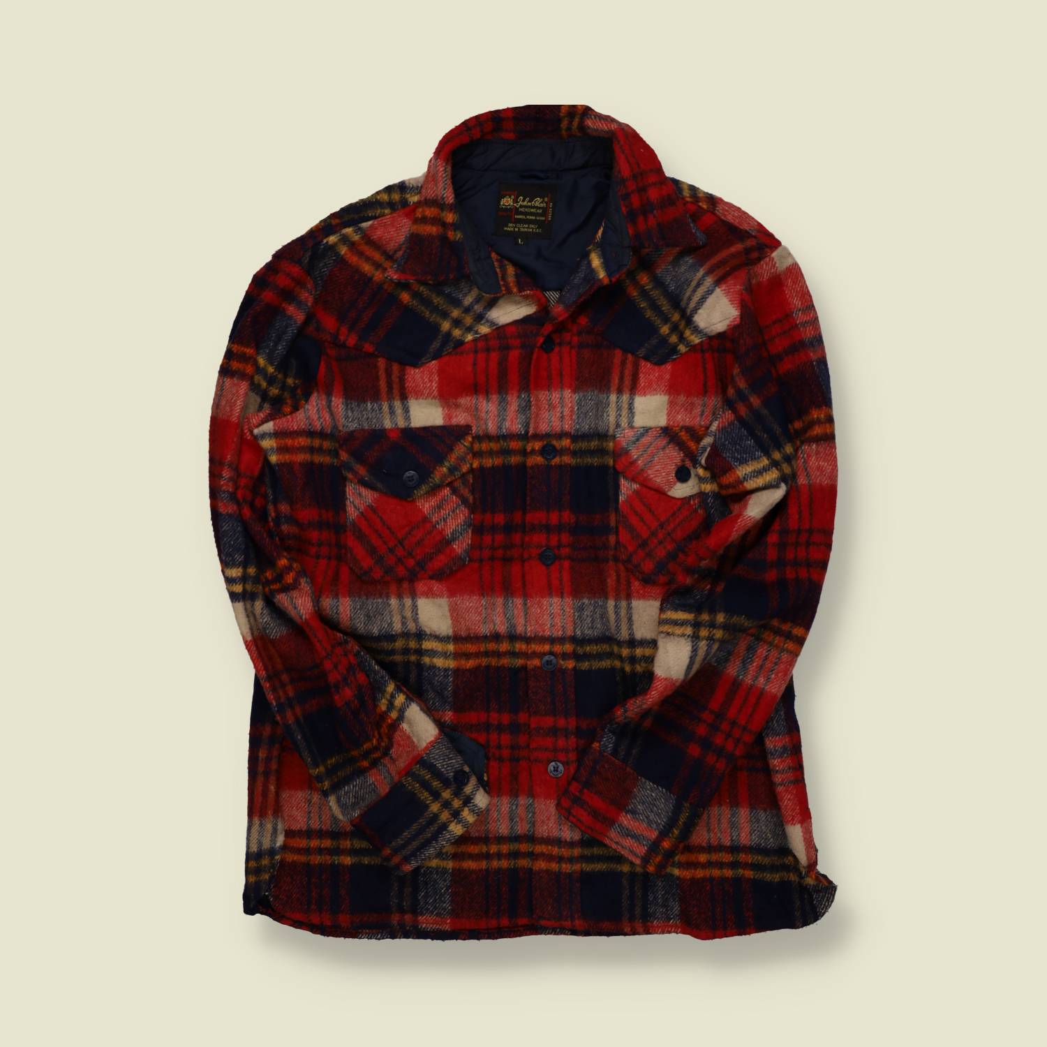 1970s | John Blair | Heavy Wool Outdoor Shirt – Red/Navy Plaid - M