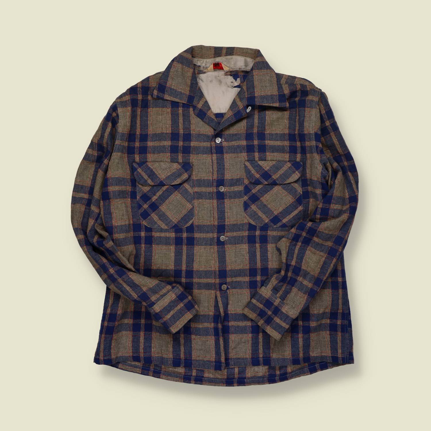 1950s | Loop-Collar Wool Shirt – Grey/Blue Check - S