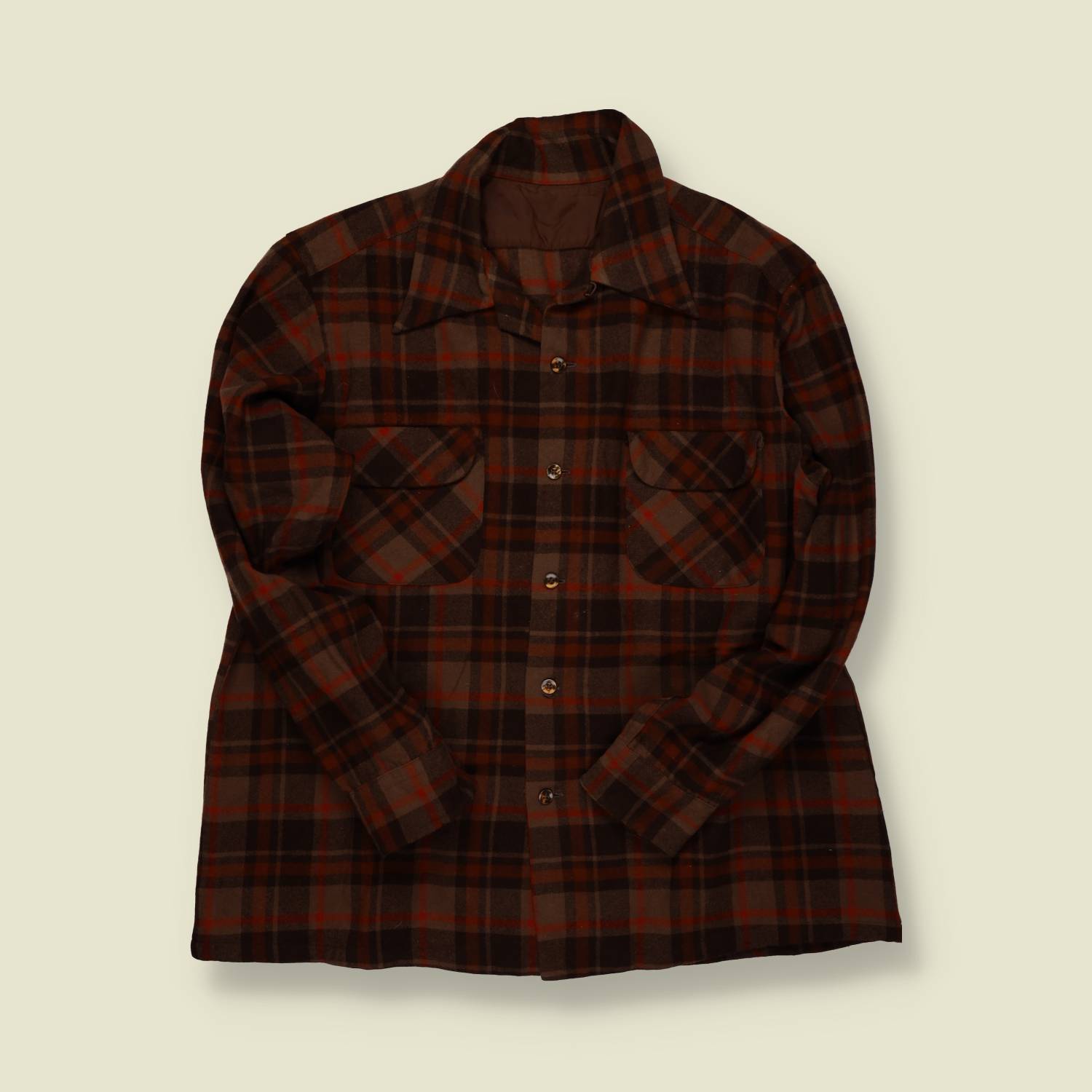 1960s–1970s | Wool Shirt – Brown/Charcoal/Red Plaid - M