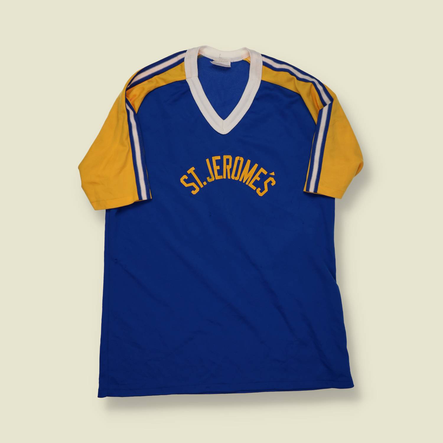 1970s | St. Jerome’s | V-Neck Athletic Jersey – Royal Blue/Gold/White - M