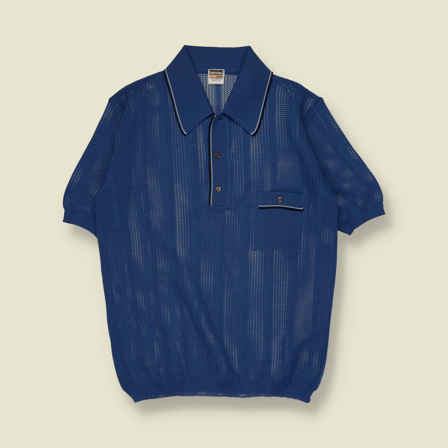 1970s | Trevira | Open Knit Polo Top | Blue - S