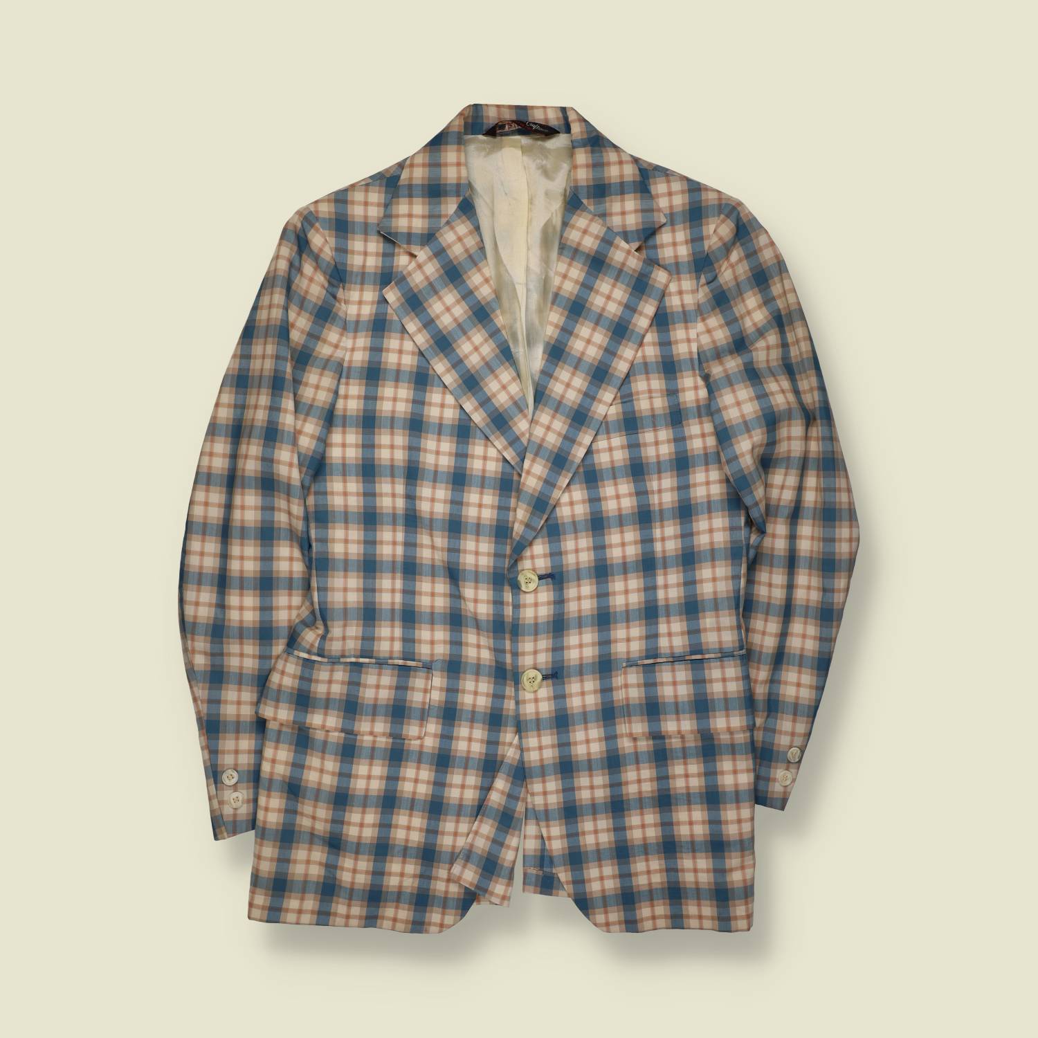 1970s | Made In USA | Plaid Tailored Blazer | Blue & Tan Check - XS