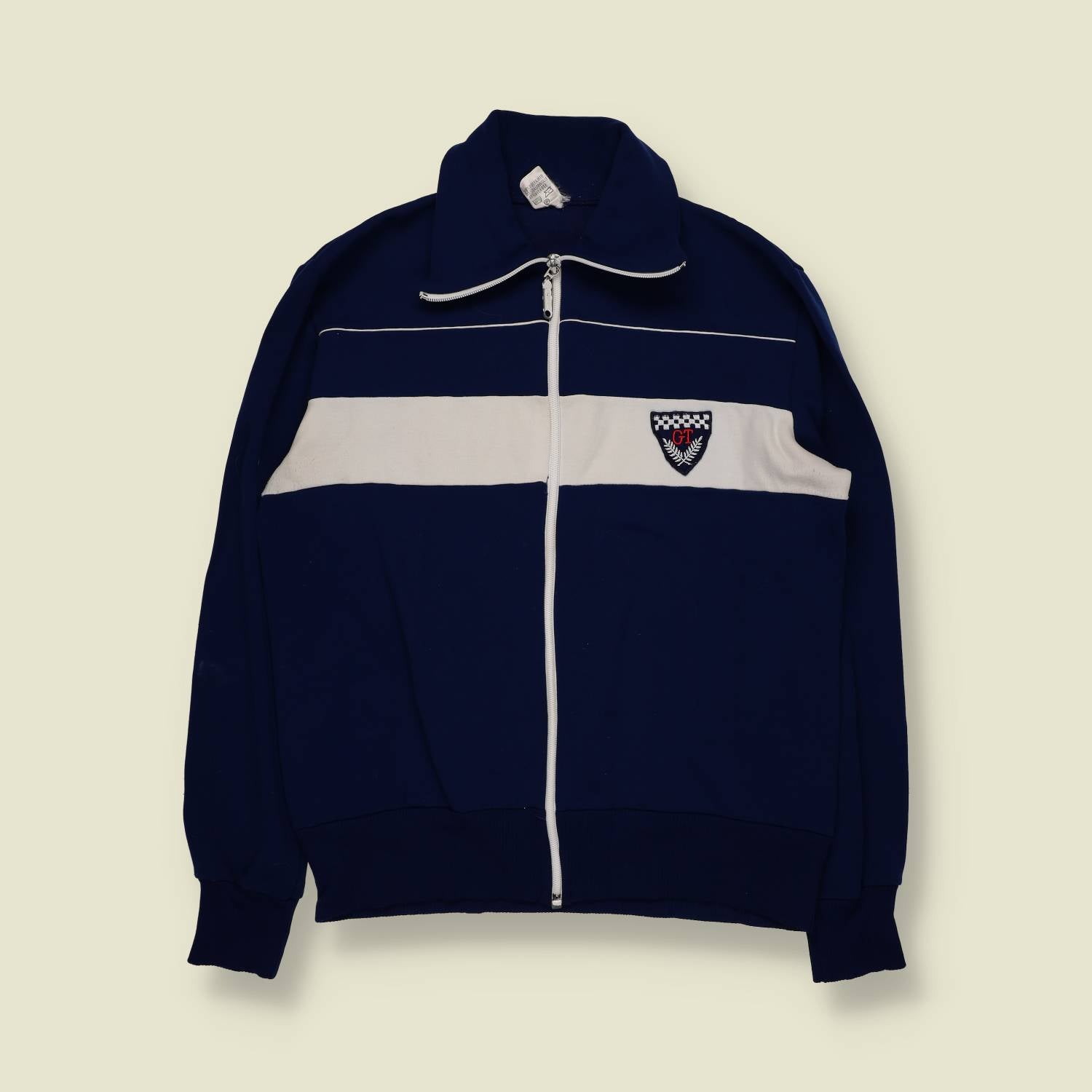 1970s | Helanca | Polyester Track Top | Navy With White Stripe - XS