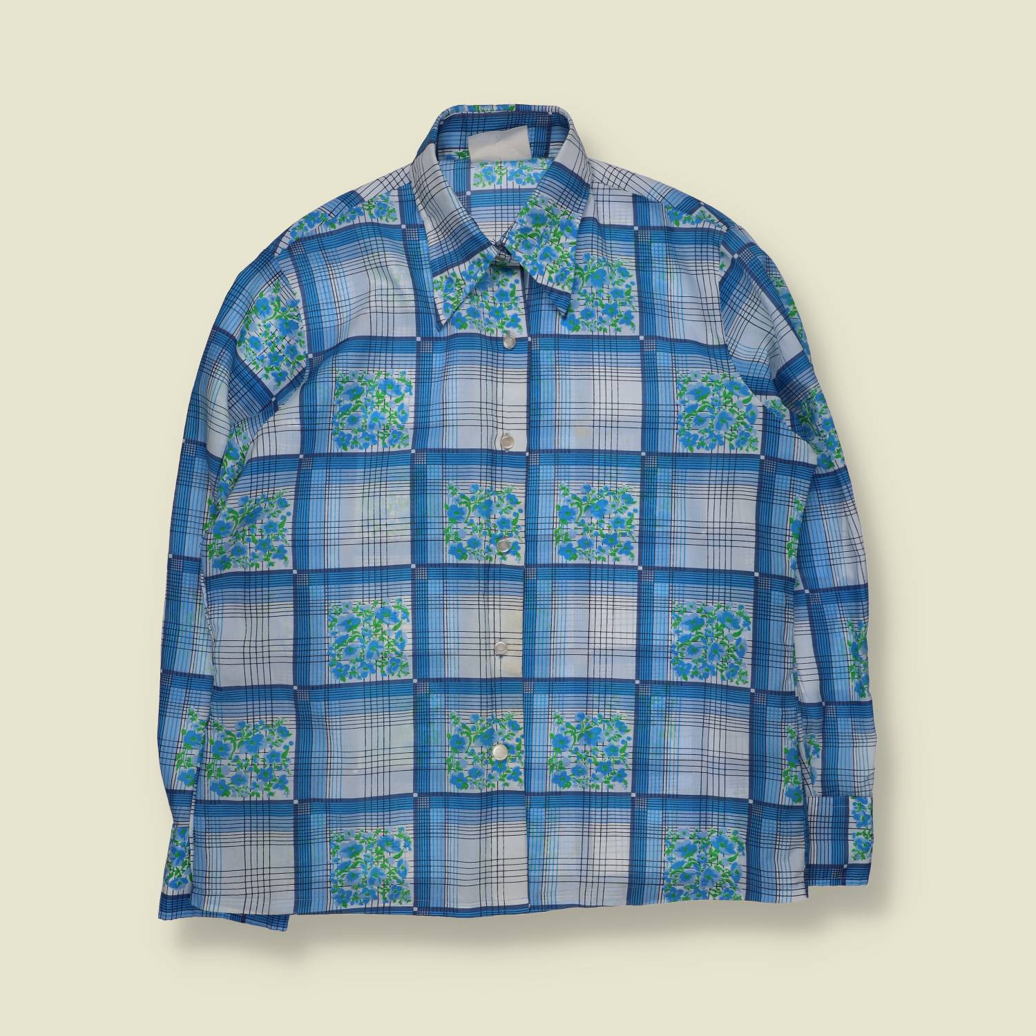 1970s | Floral Check Blouse | Blue & White - 18