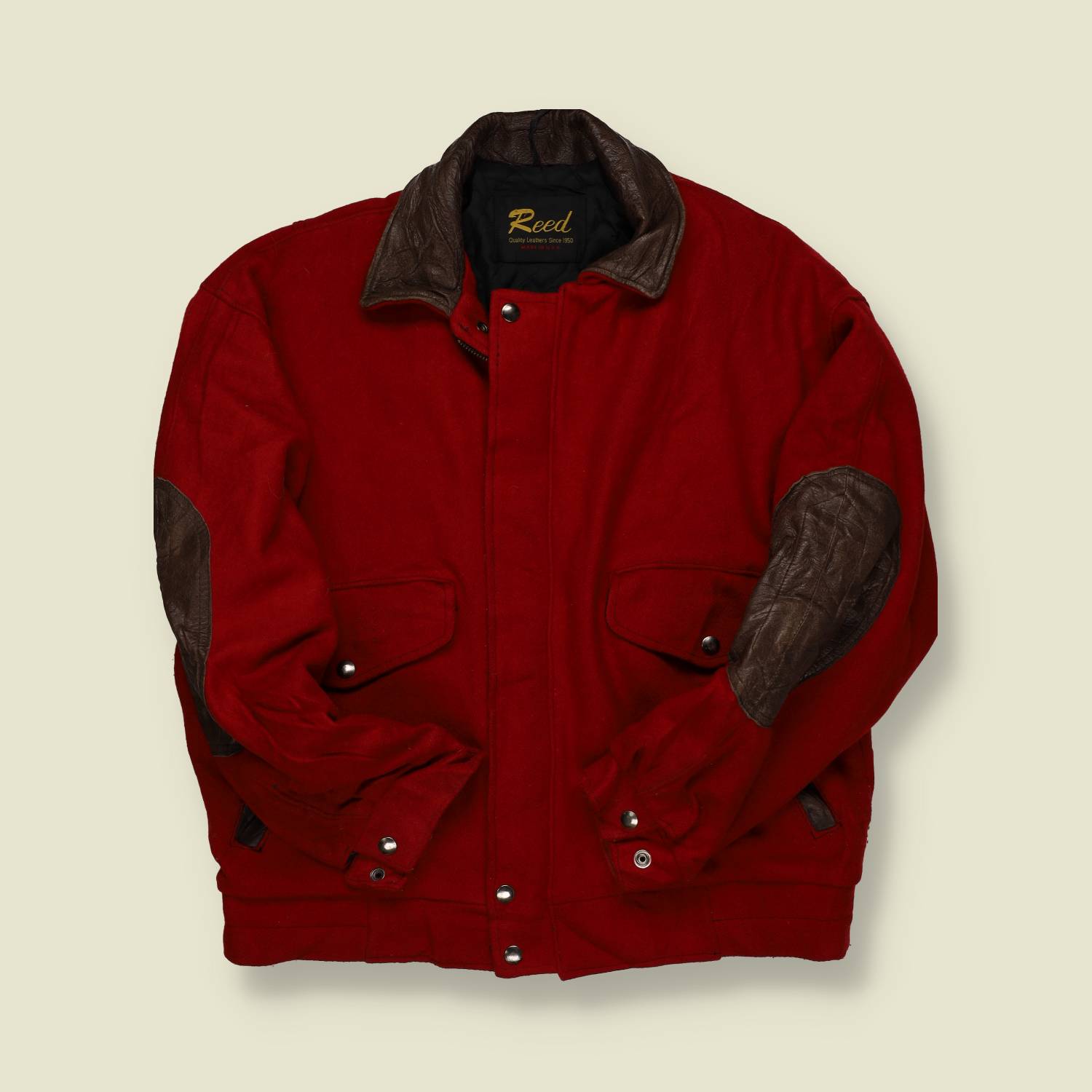 1980s | Reed | Wool Bomber Jacket with Leather Trim – Red - XL