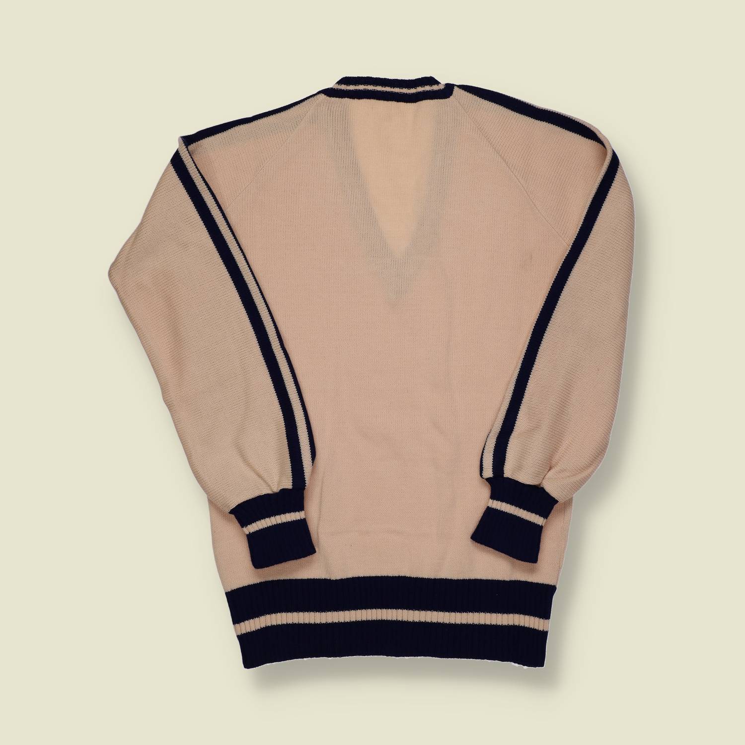 1970s | Unbranded | Striped Wool V-Neck Knit – Cream / Navy - XS/S