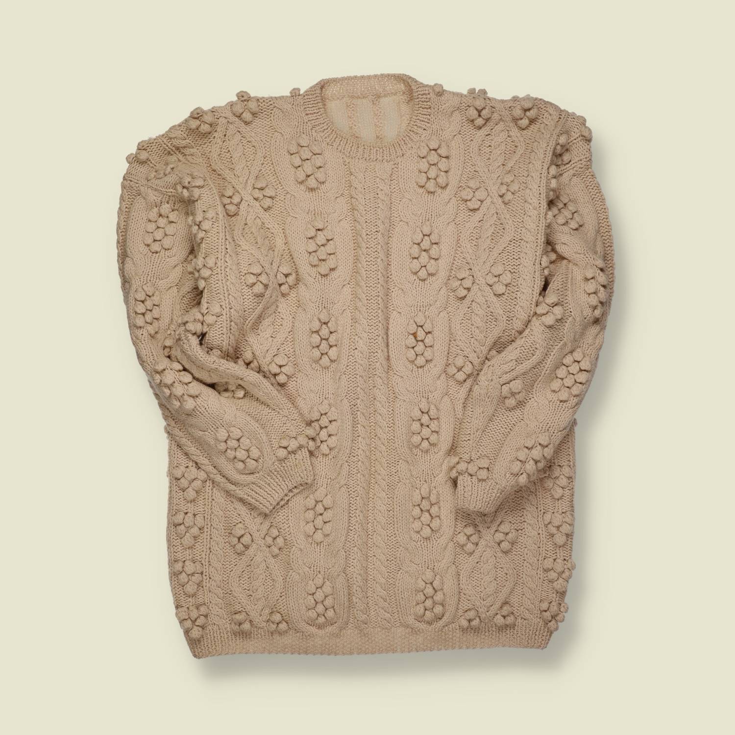 1970s | Hand Knit | Bobble Cable Wool Sweater – Oatmeal - S