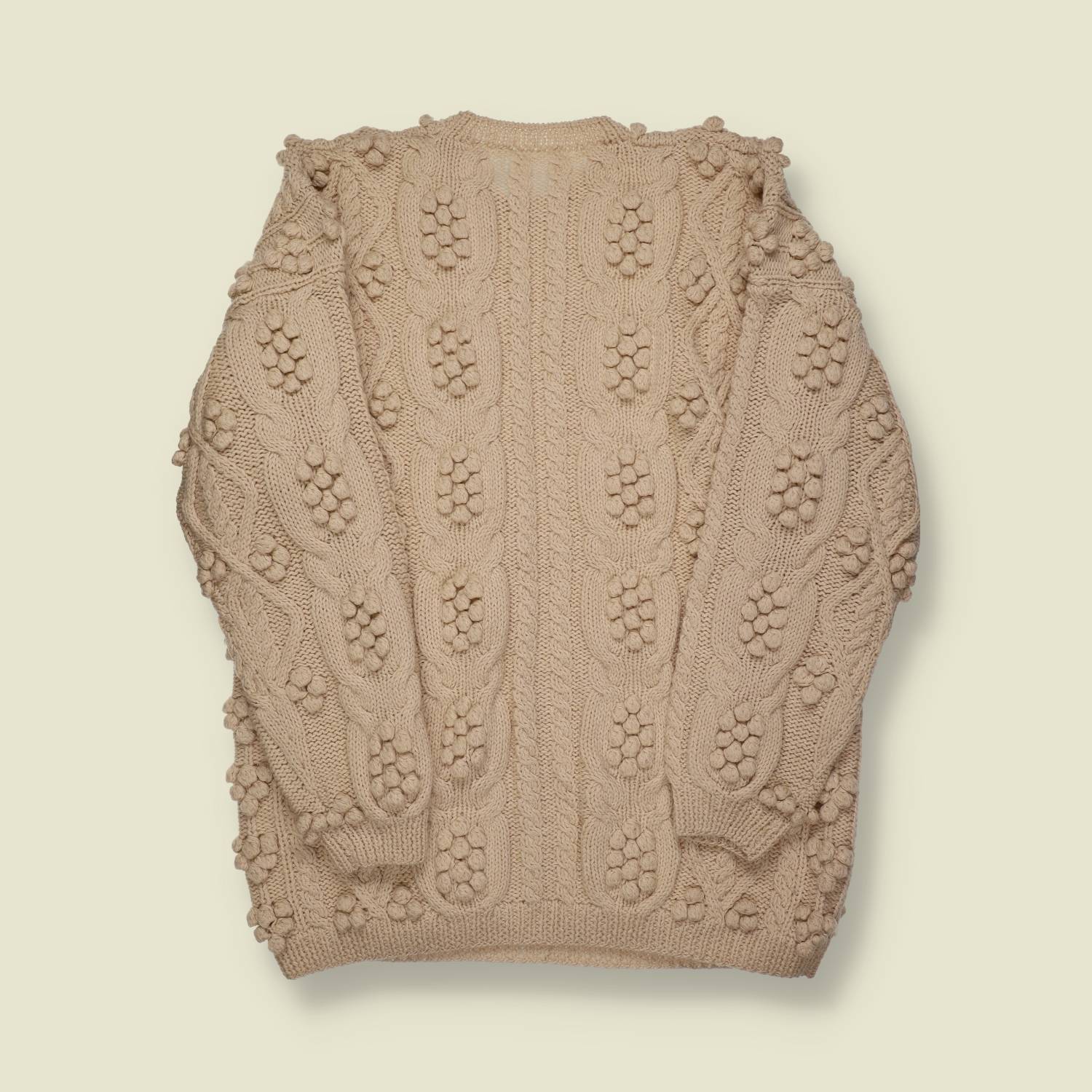 1970s | Hand Knit | Bobble Cable Wool Sweater – Oatmeal - S