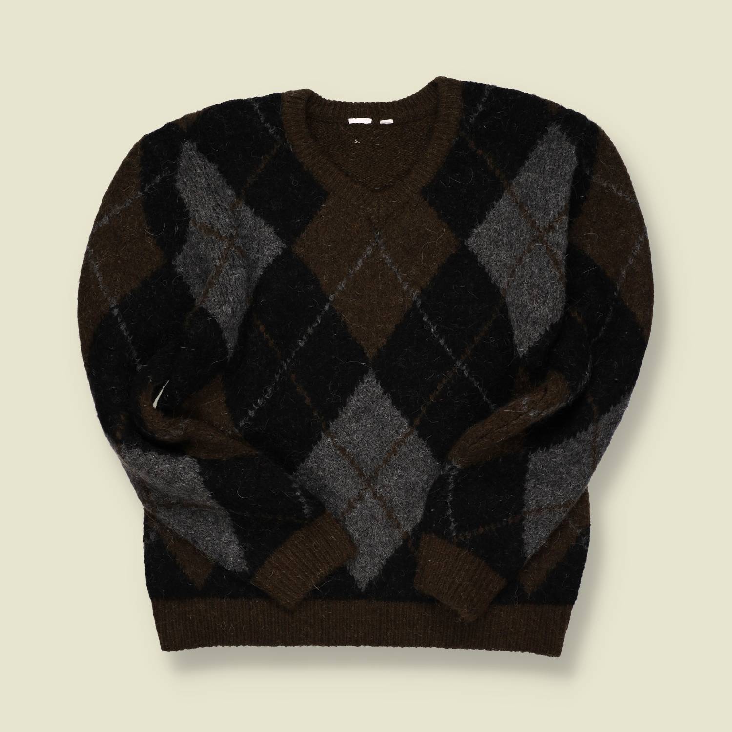 1960s | Unbranded | Mohair Blend Argyle Knit – Brown / Black / Grey - M
