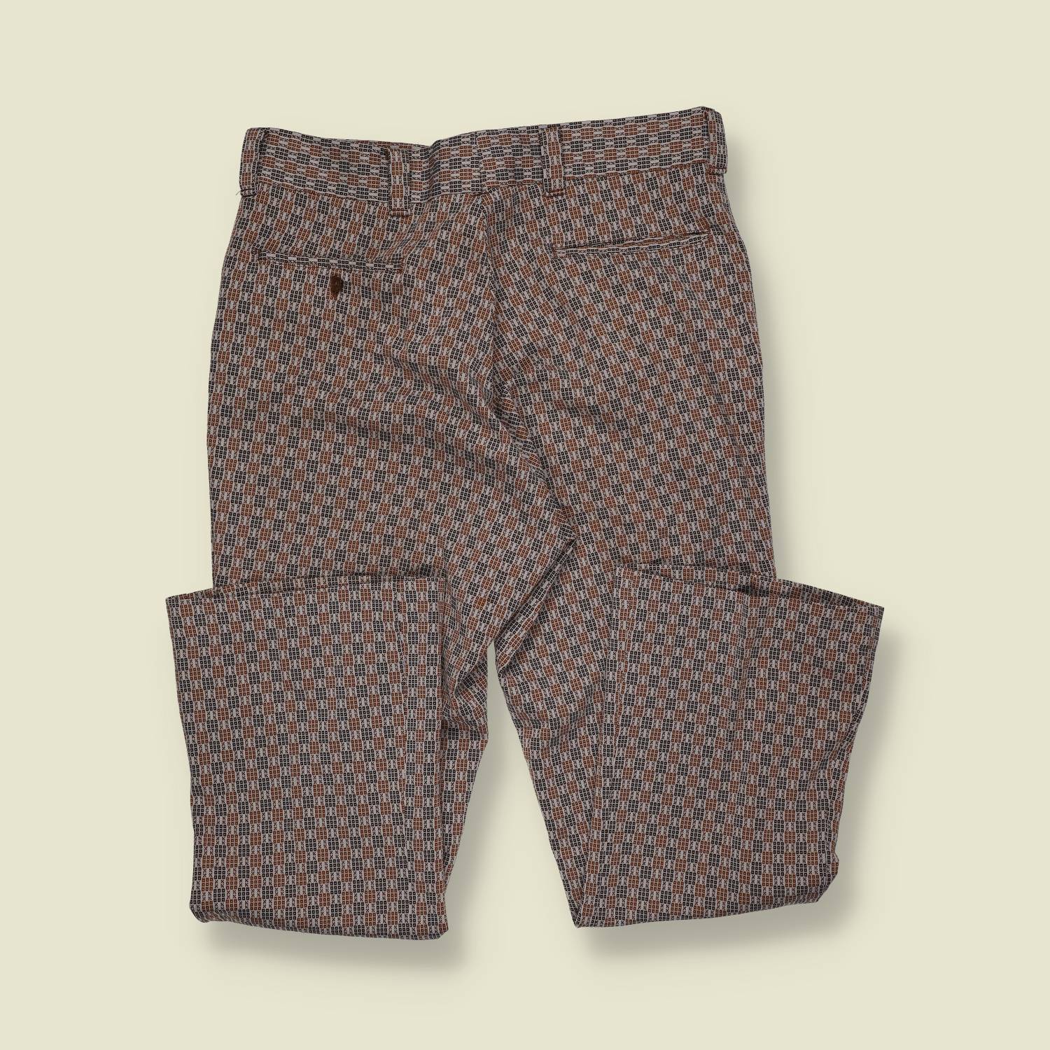 1970s | Unbranded | Patterned Flared Trousers – Brown / Cream - w32