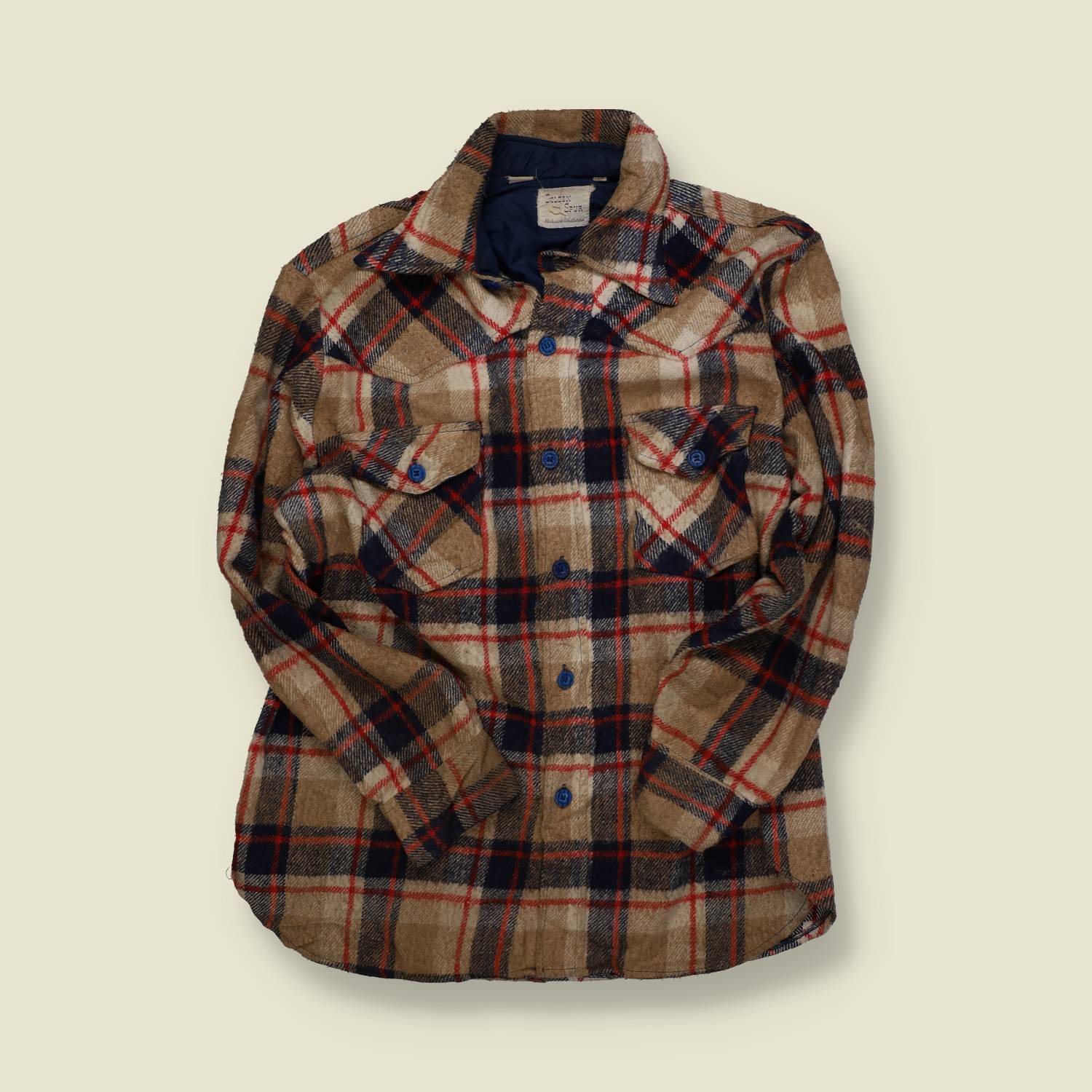 1970s | Golden Spur | Wool Shirt Jacket – Tan / Navy / Rust Plaid - L/XL